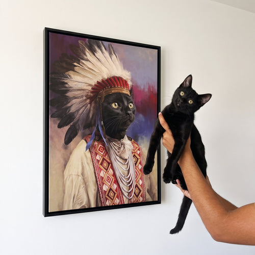 Black cat next to its The Chief custom pet canvas