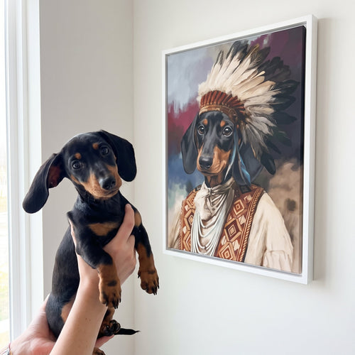 Miniature dachshund next to its The Chief custom pet canvas