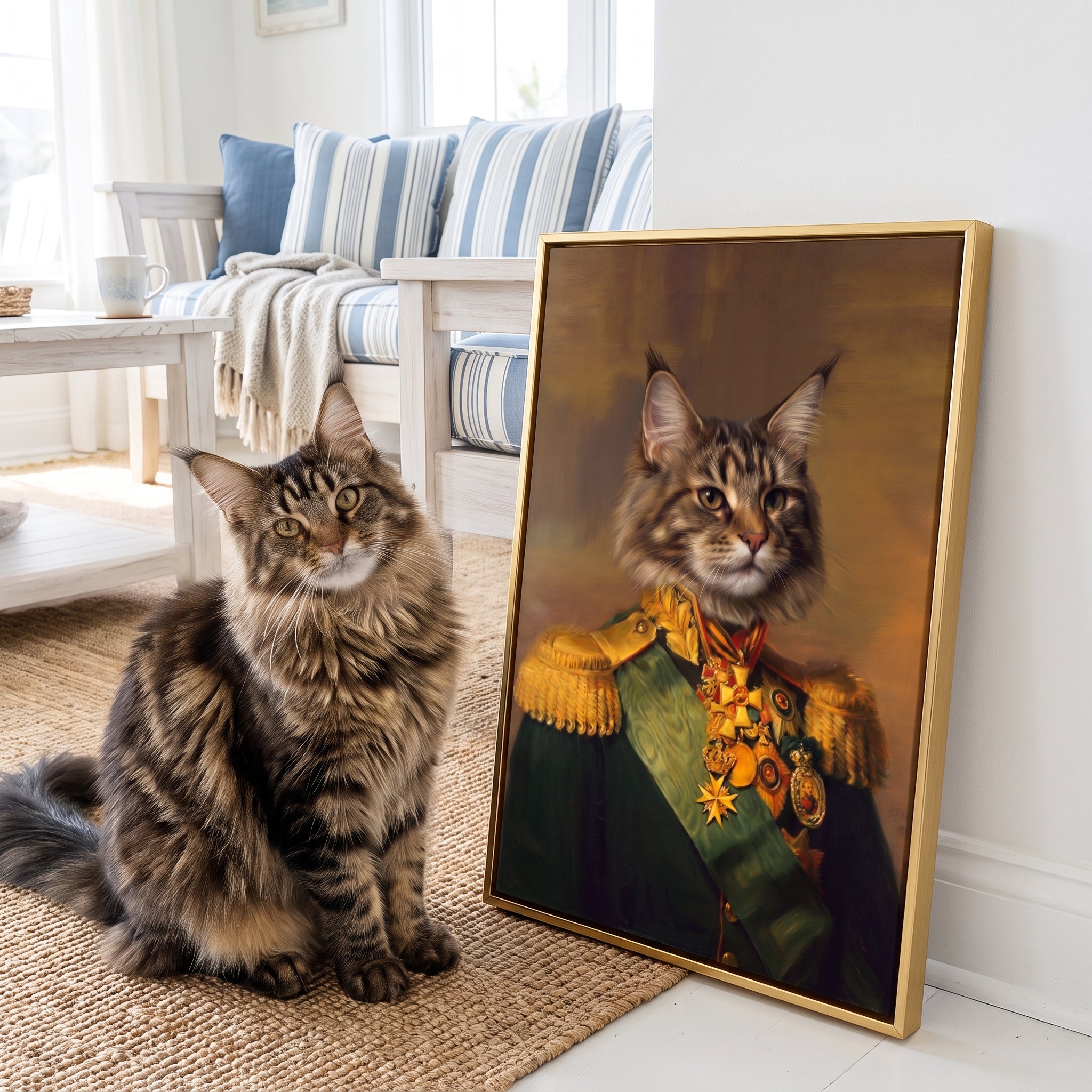 Fluffy maine coon cat next to its The Colonel custom pet canvas