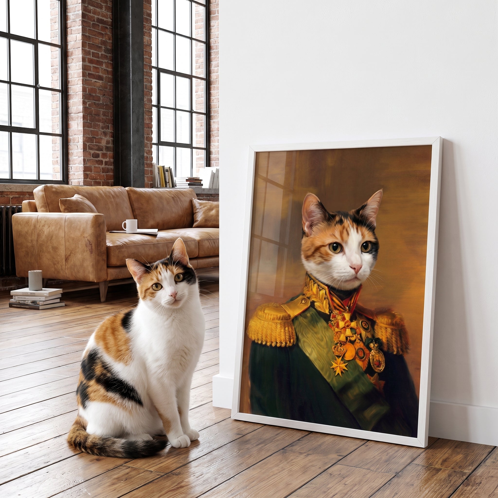 Calico cat next to its The Colonel custom pet poster