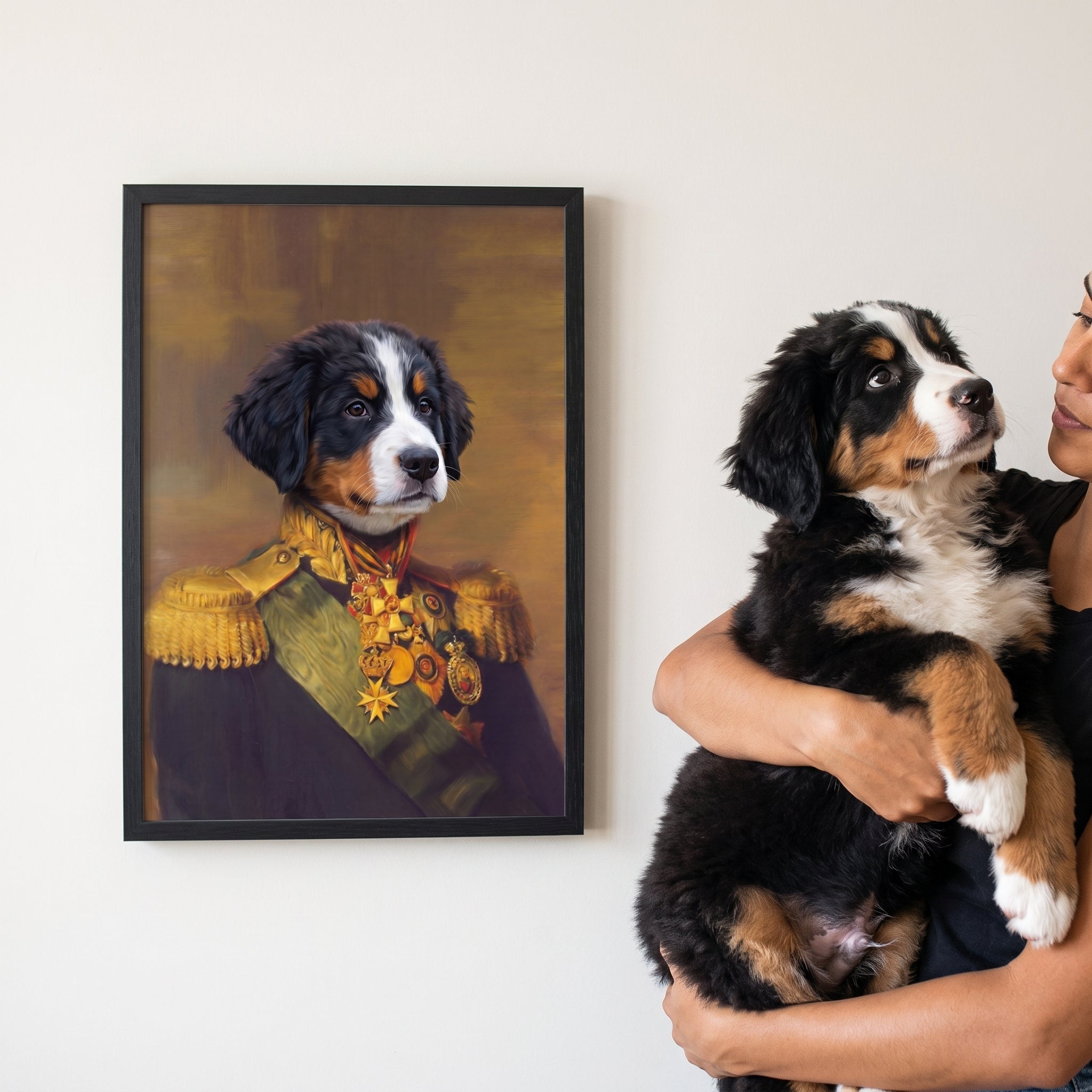 Bernese mountain dog next to its The Colonel custom pet poster
