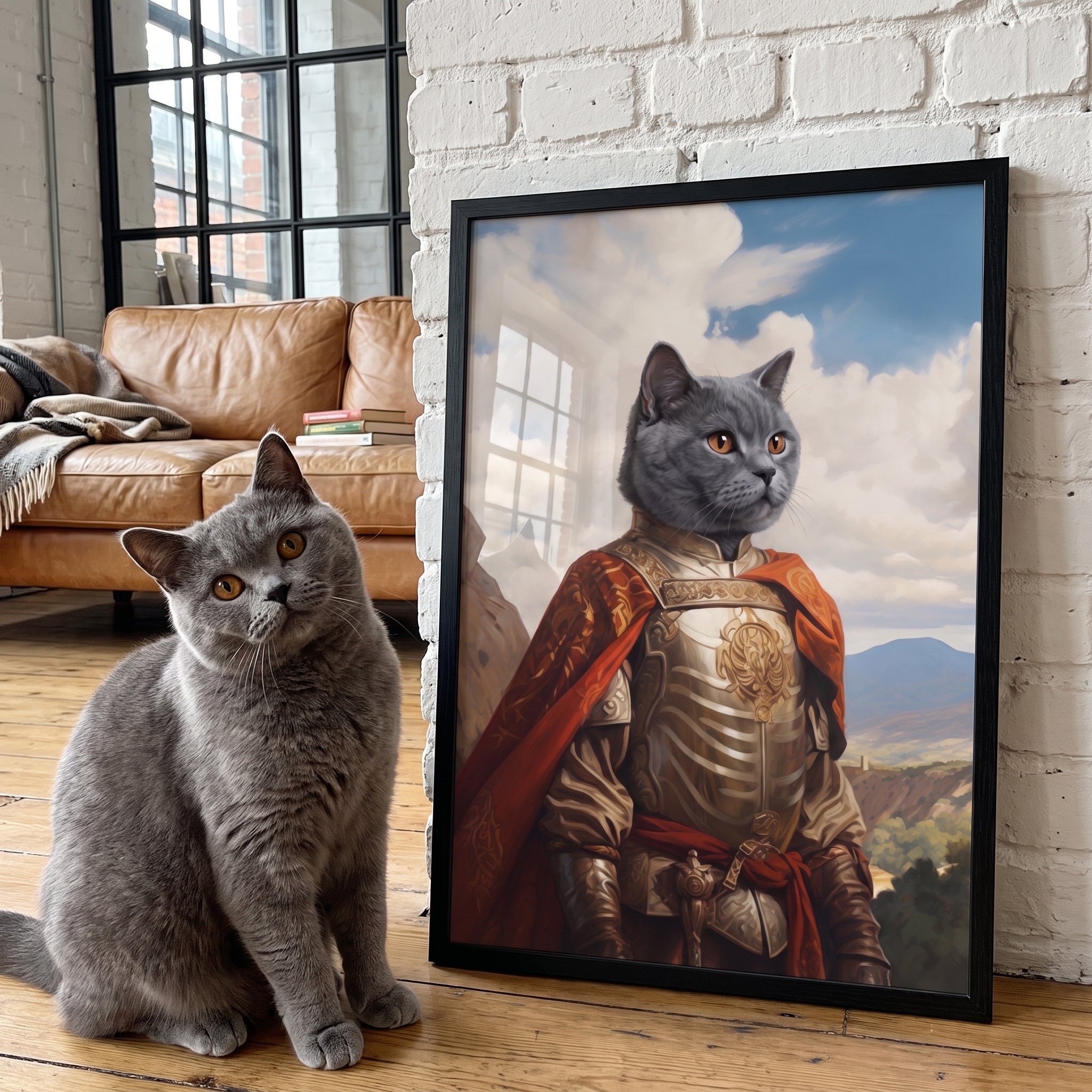 Grey british shorthair cat next to its The Conquistador custom pet poster