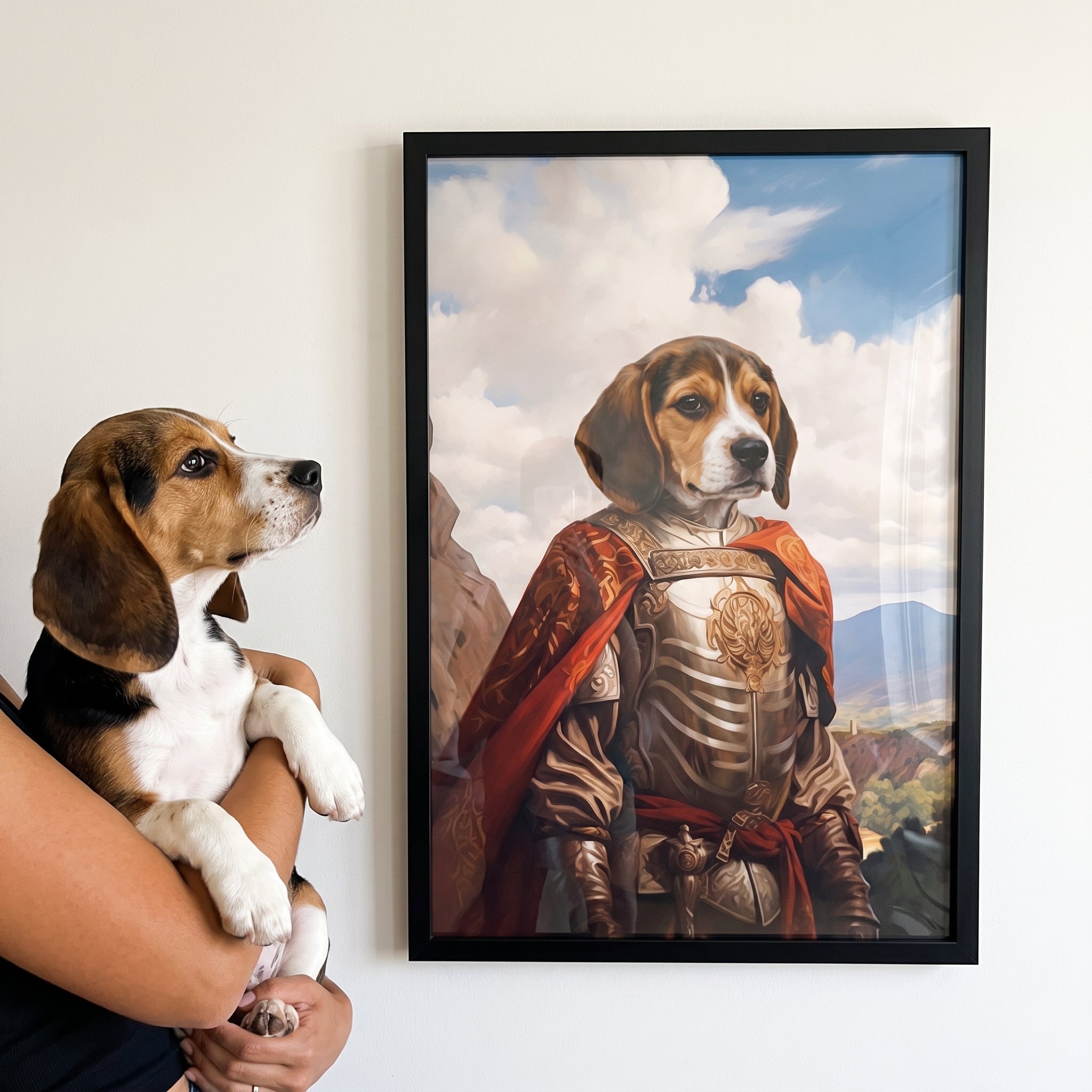 Beagle next to its The Conquistador custom pet poster