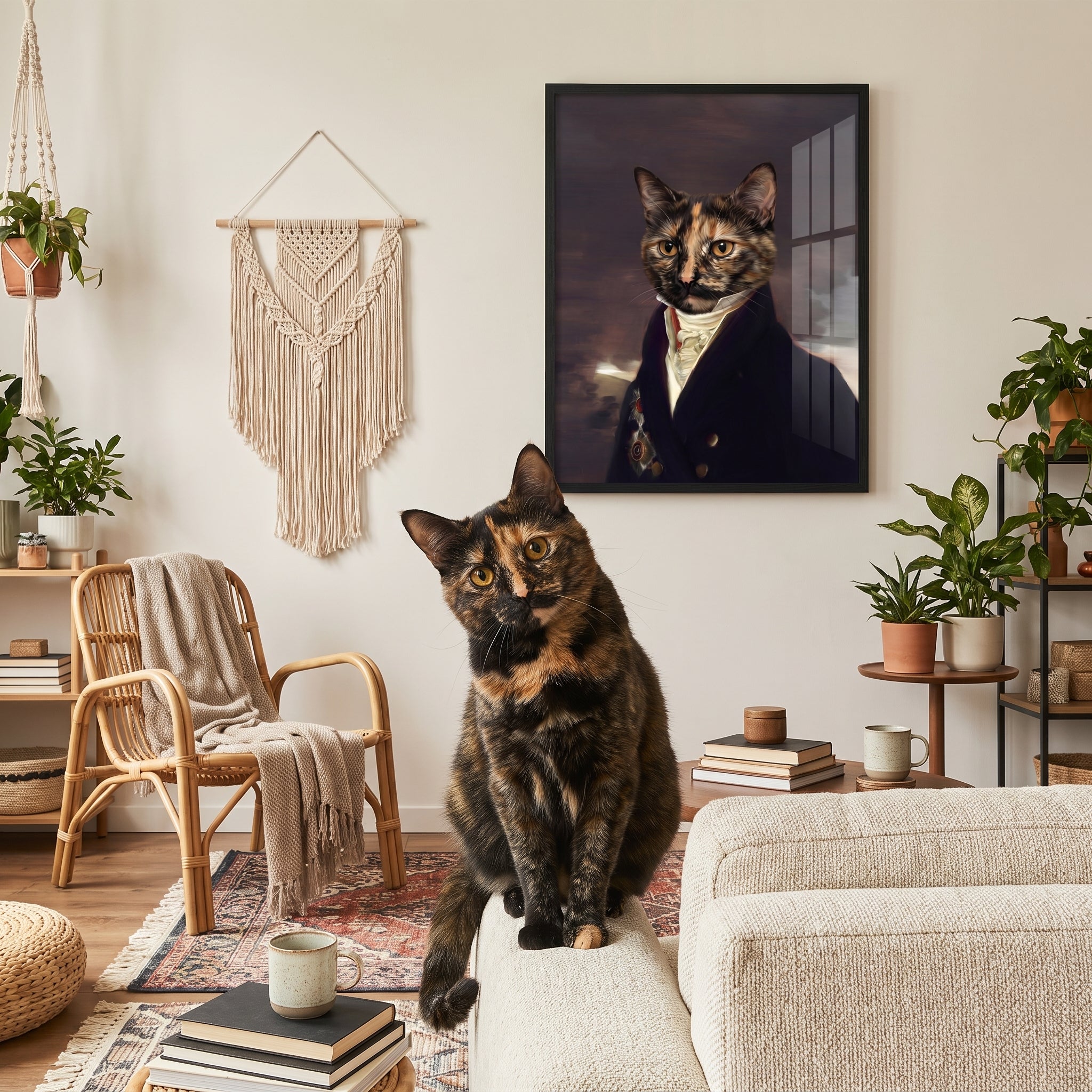 Tortoiseshell cat next to its The Count custom pet poster