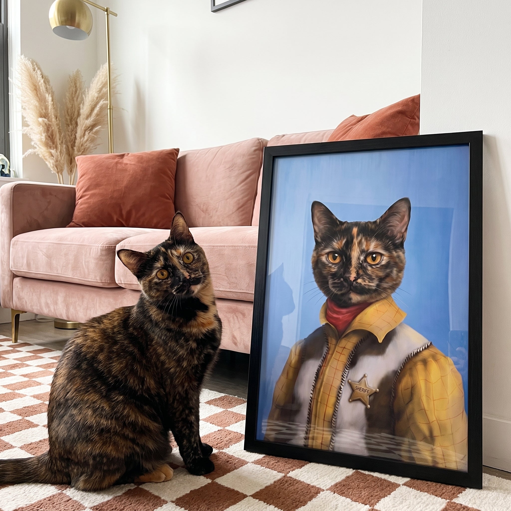 Tortoiseshell cat next to its The Cowboy custom pet poster