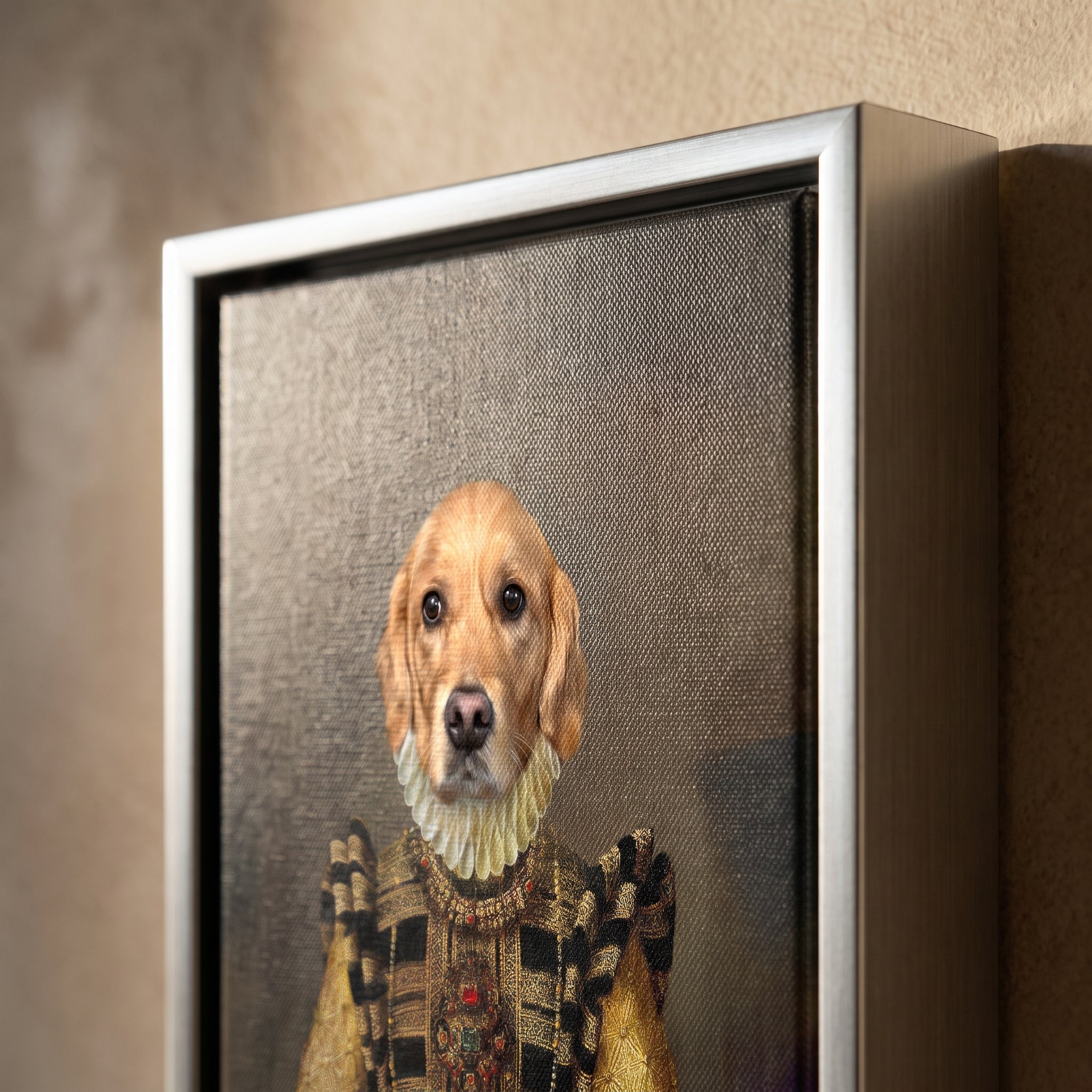 Close-up details of The Dame custom pet canvas