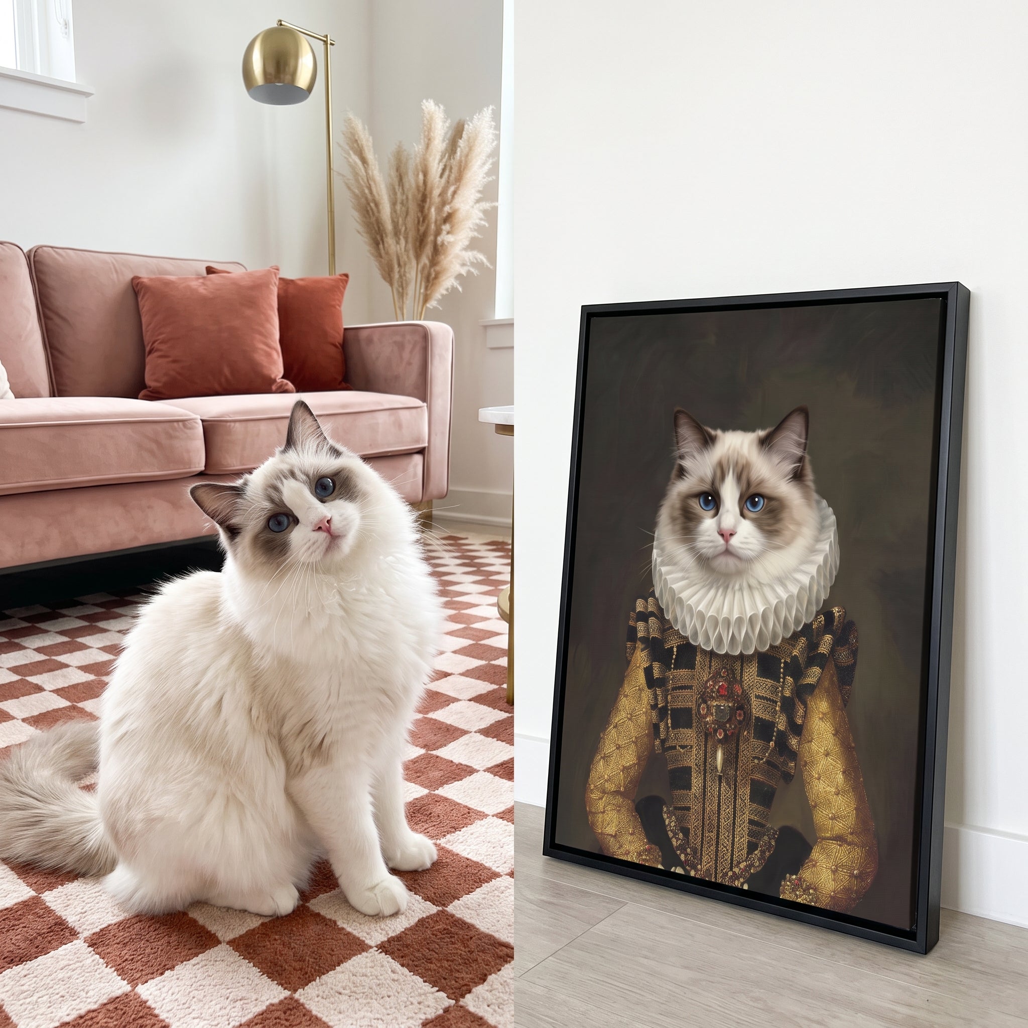 White ragdoll cat next to its The Dame custom pet canvas