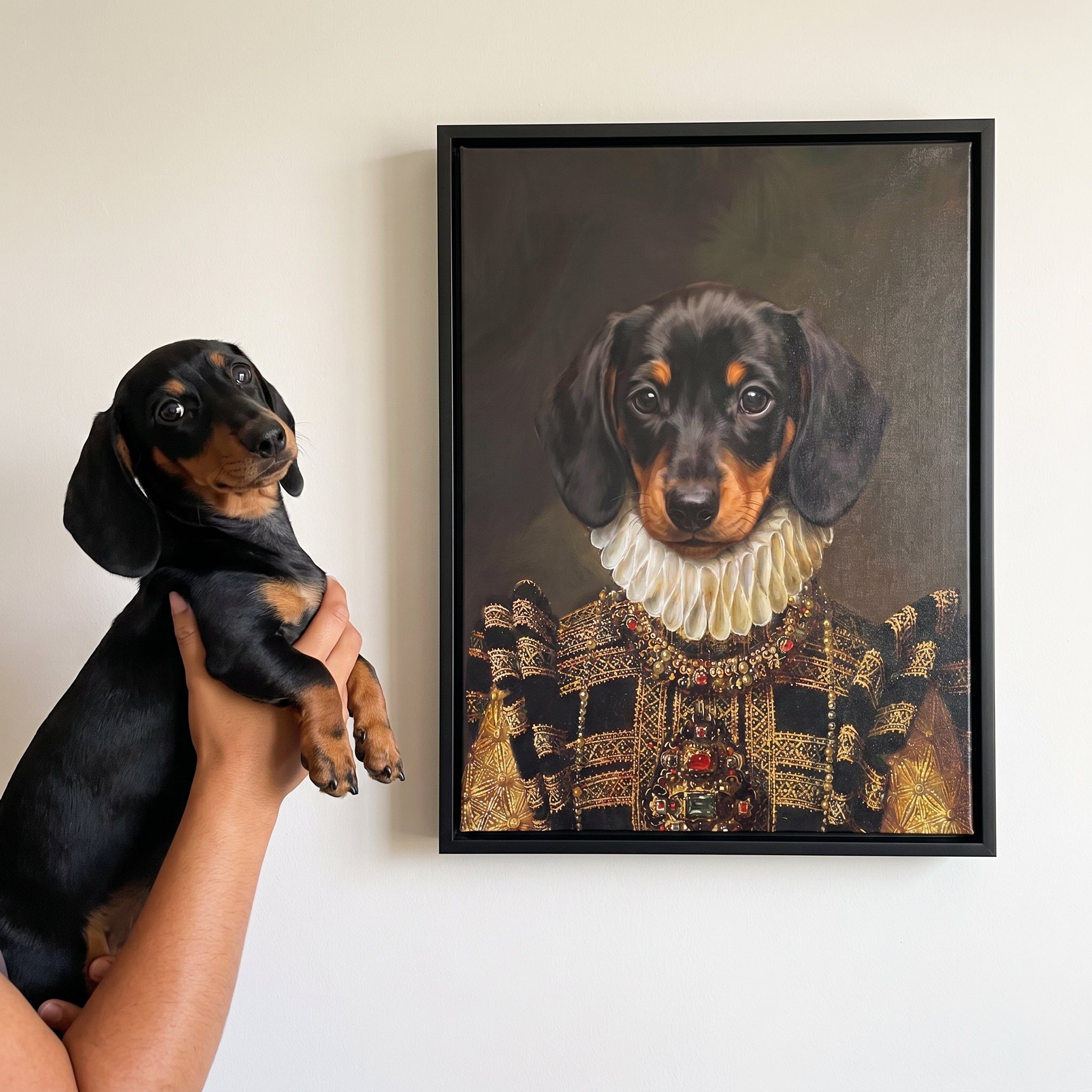 Miniature dachshund next to its The Dame custom pet canvas