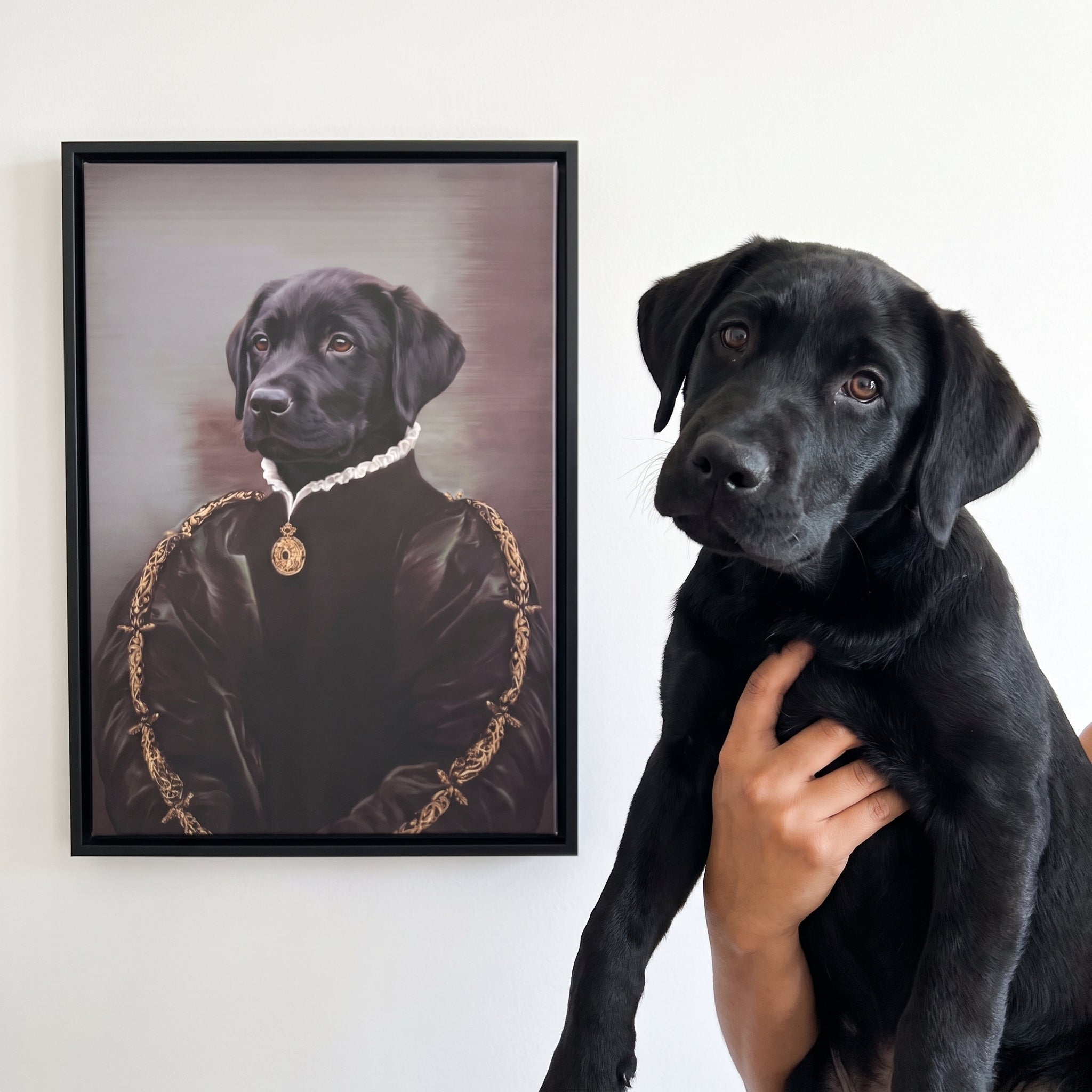 Black labrador next to its The Duchess custom pet canvas