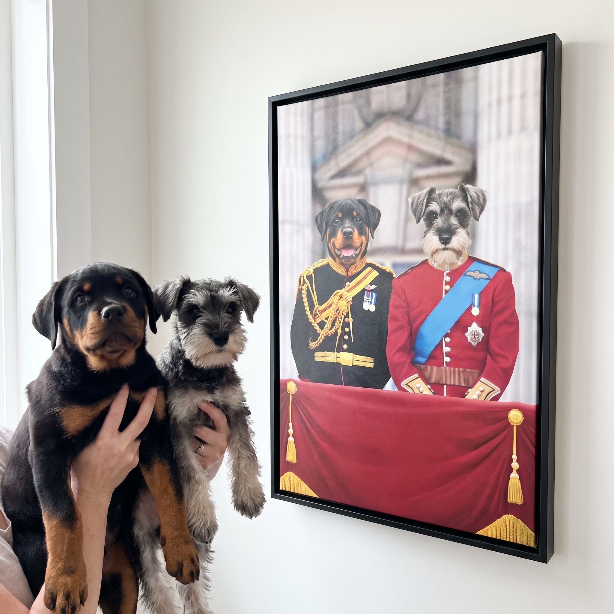 Rottweiler and miniature schnauzer next to its The English Princes custom pet canvas