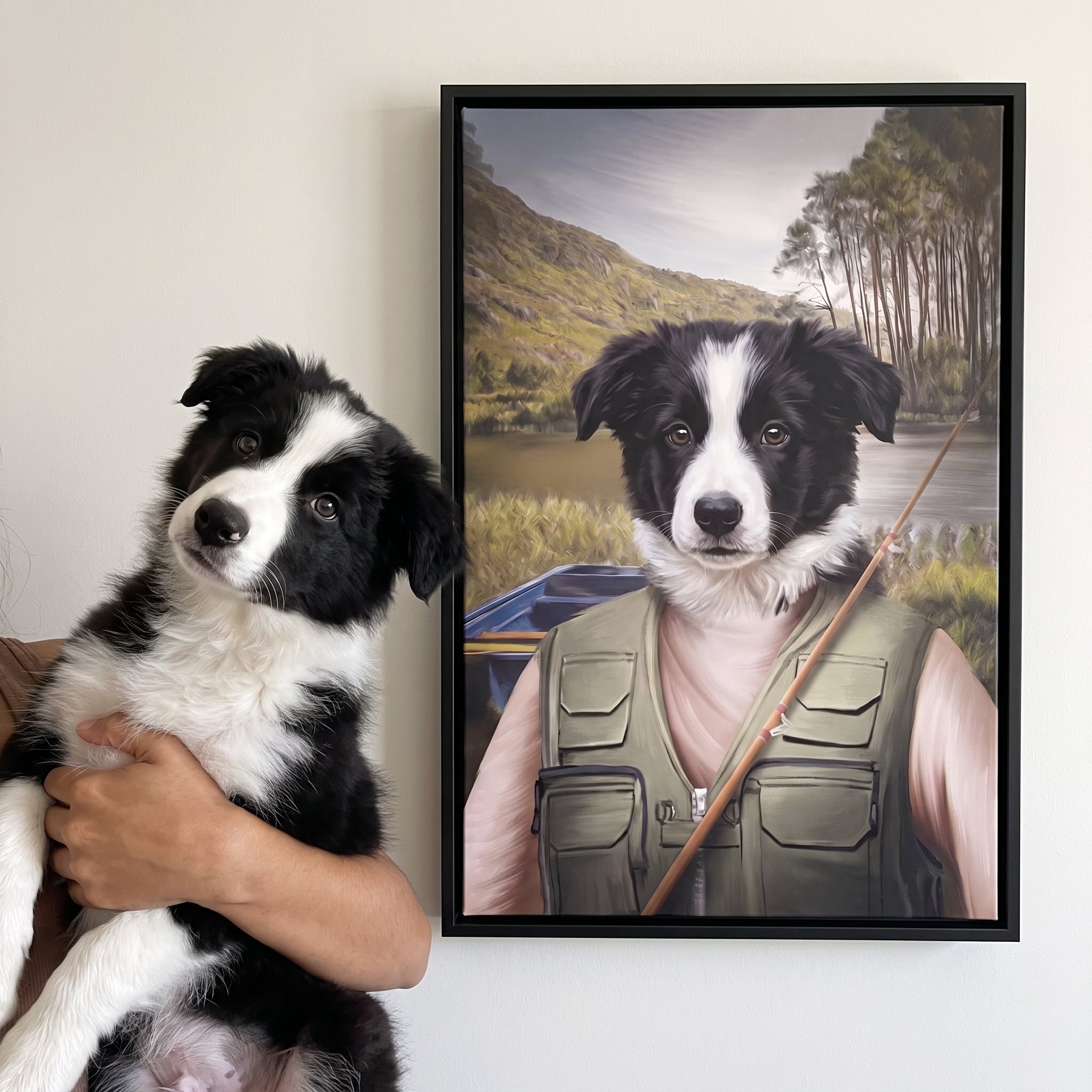 Border collie next to its The Fisherman custom pet canvas