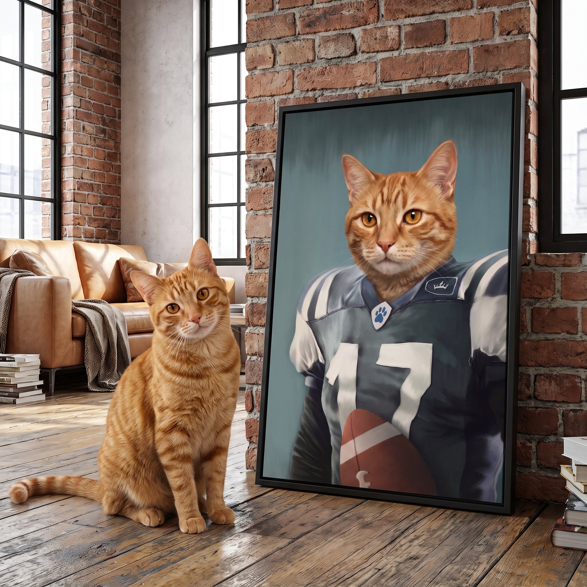Ginger tabby cat next to its The Football Player custom pet canvas