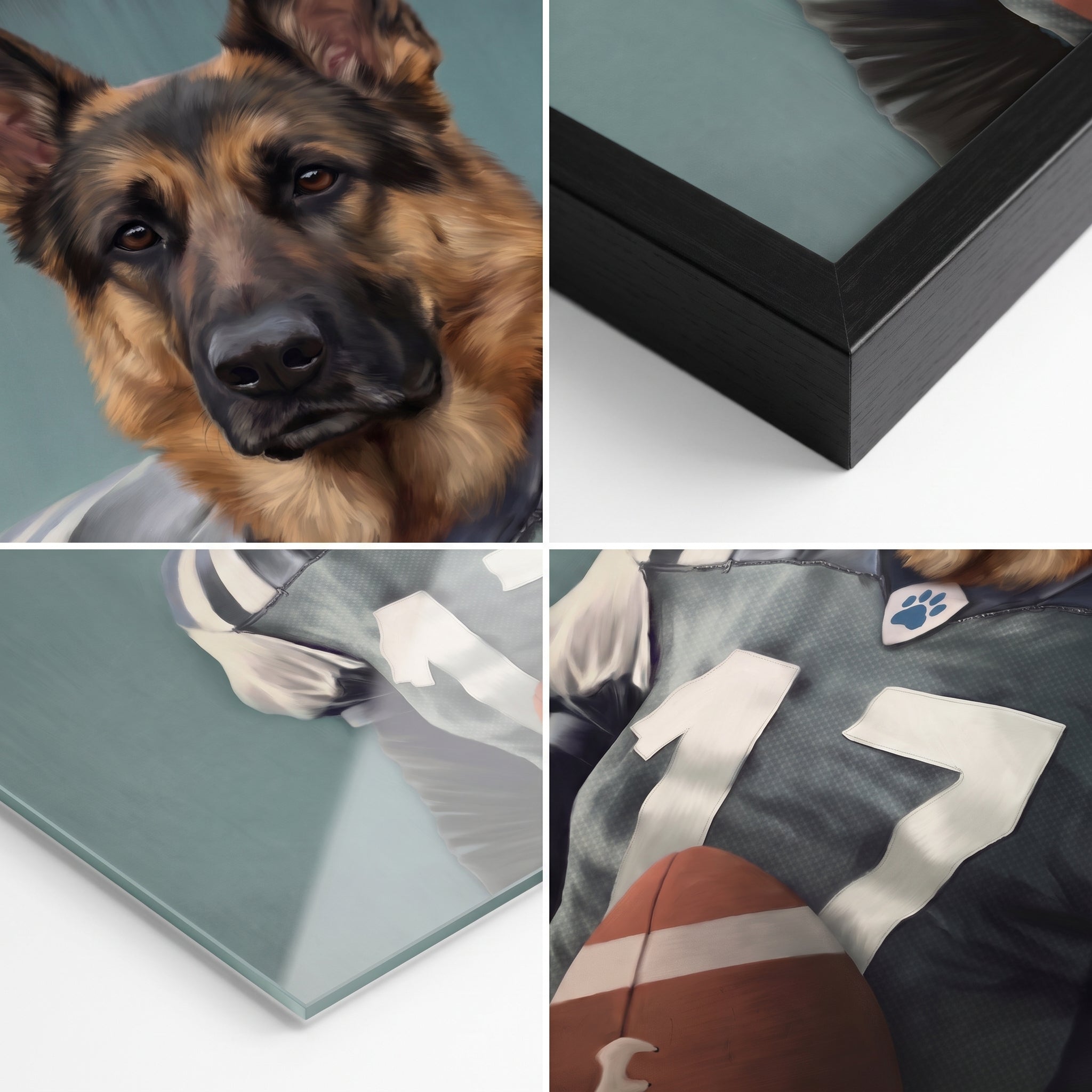 Close-up details of The Football Player custom pet poster