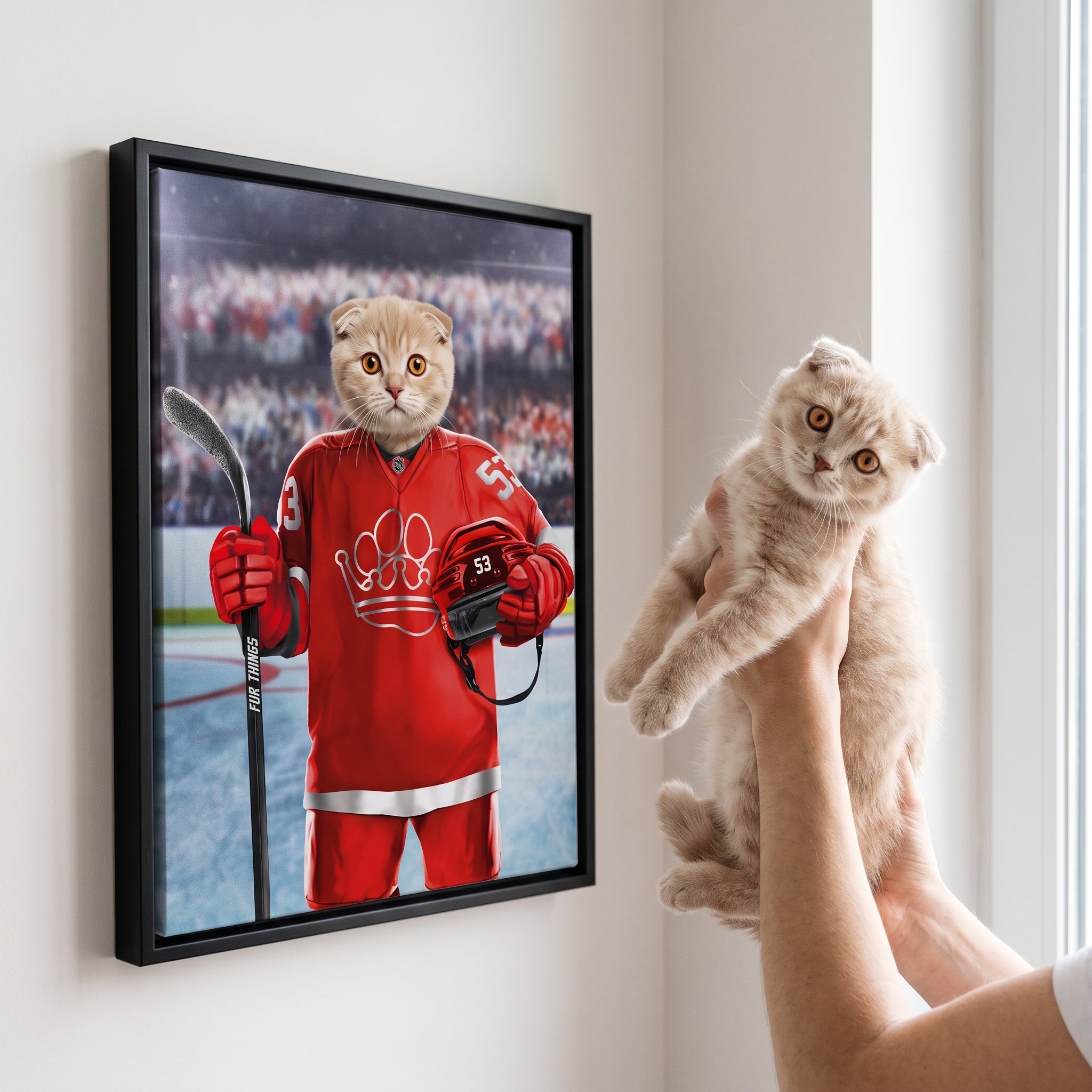 Scottish fold cat next to its The Fur Things custom pet canvas