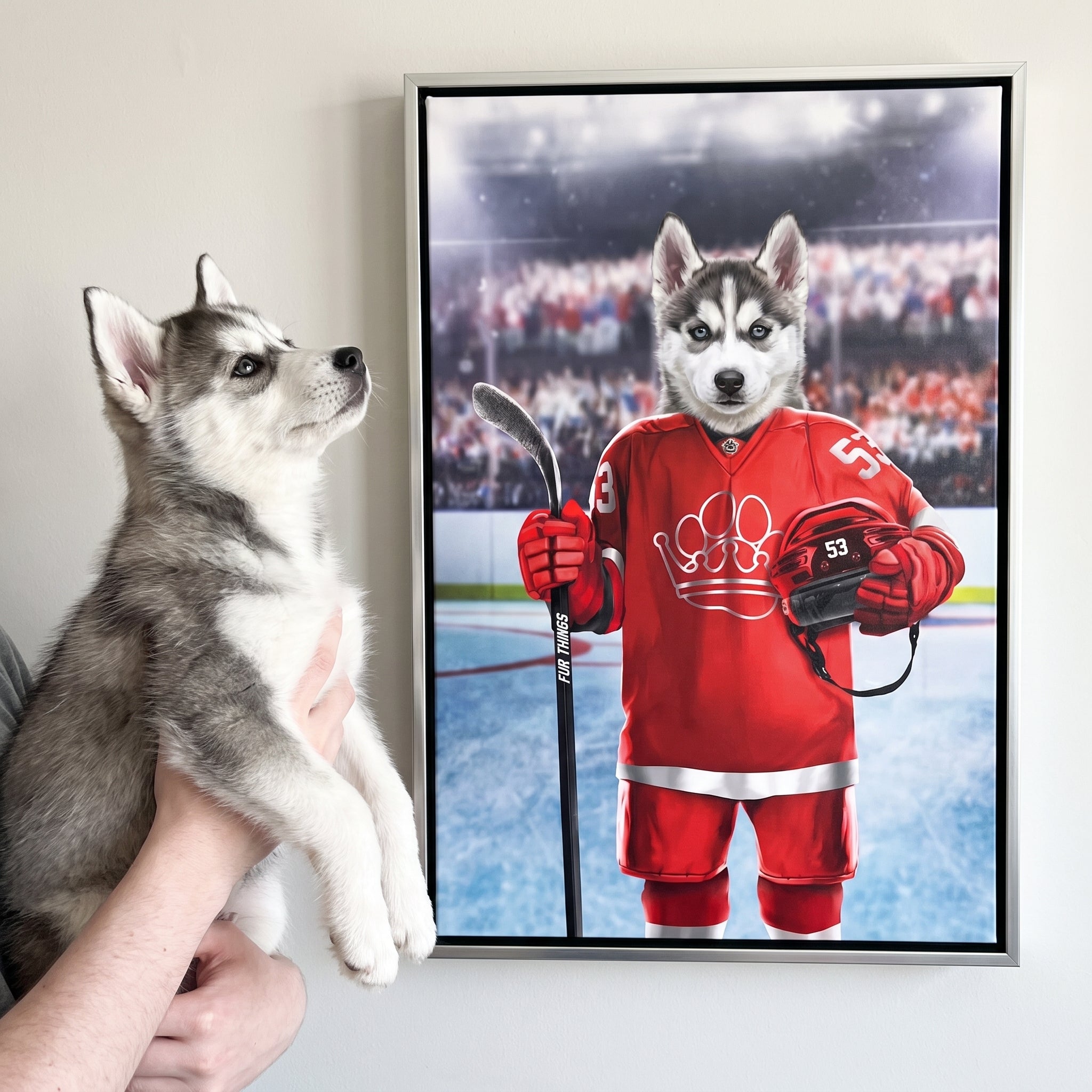 Siberian husky next to its The Fur Things custom pet canvas