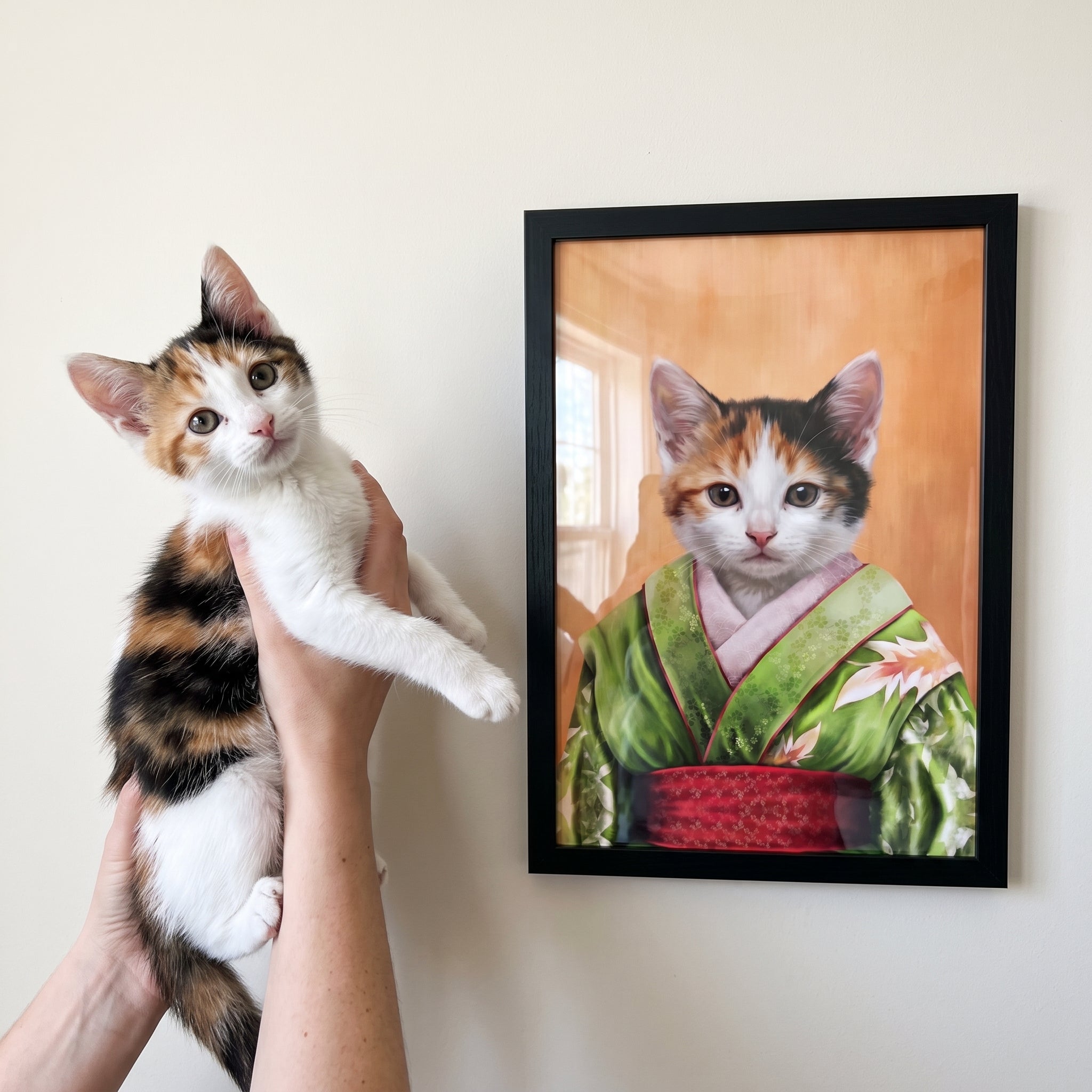 Calico cat next to its The Geisha custom pet poster