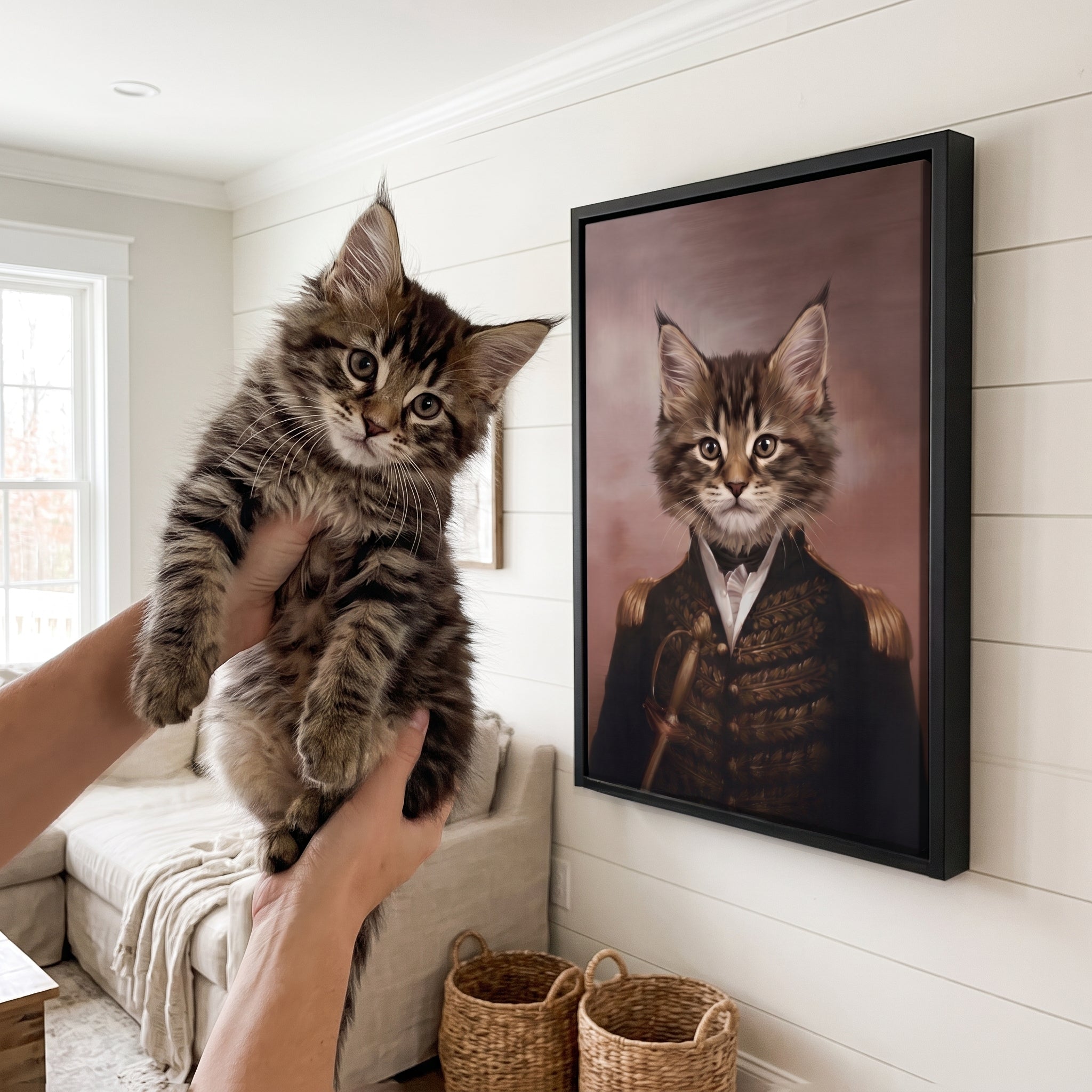Fluffy maine coon cat next to its The General custom pet canvas