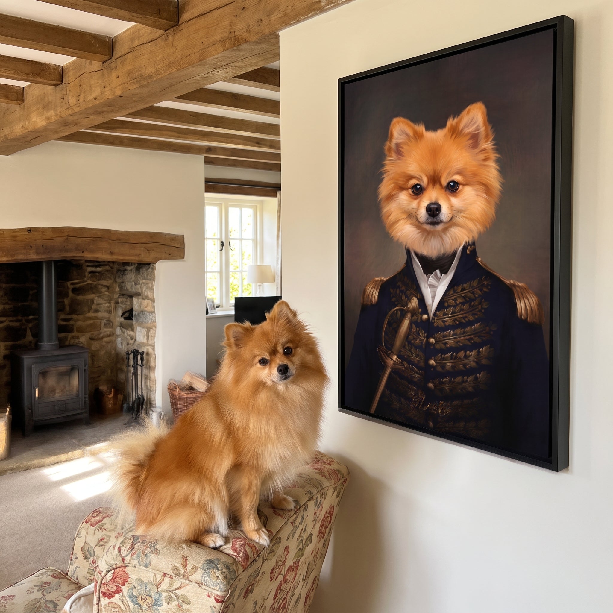 Pomeranian next to its The General custom pet canvas