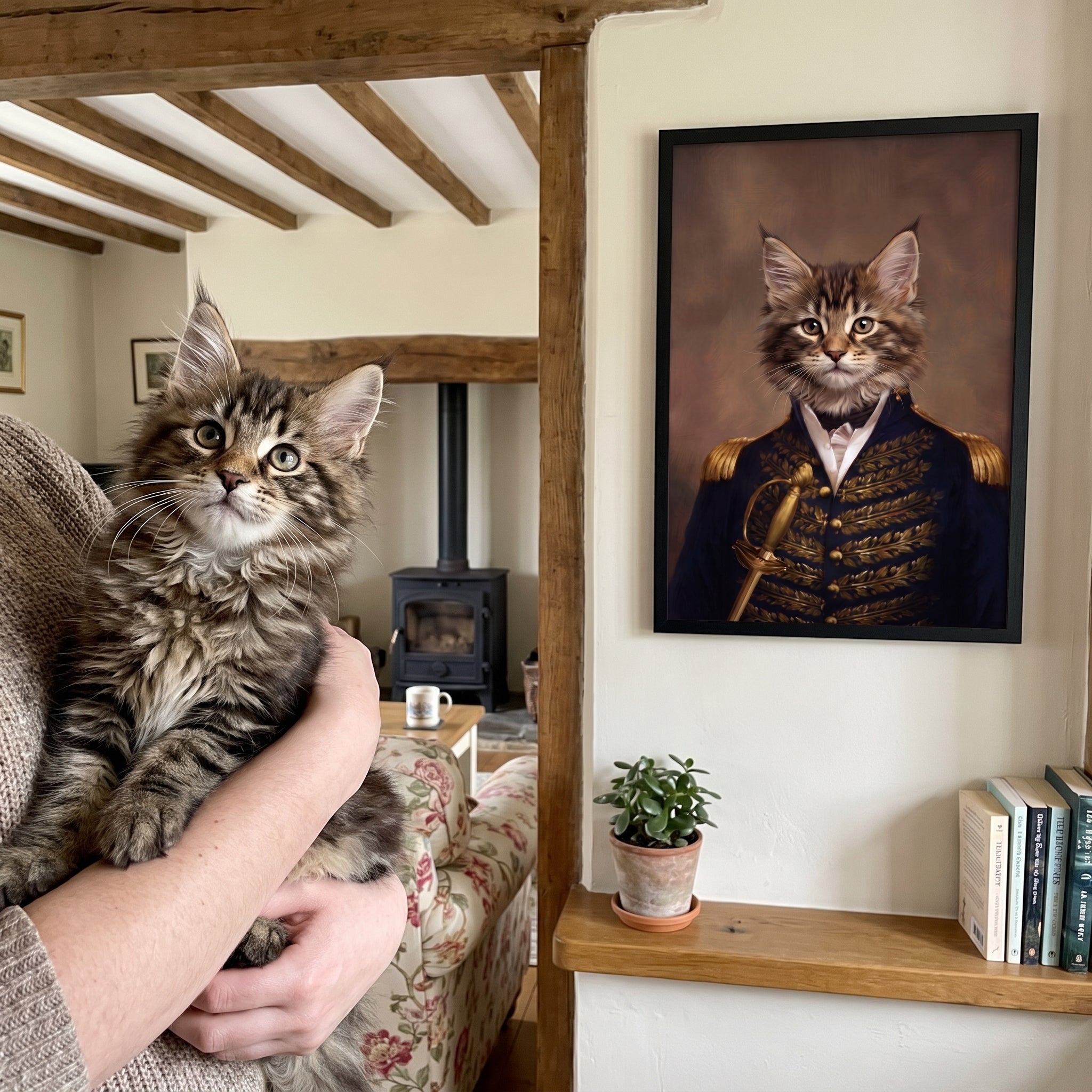 Fluffy maine coon cat next to its The General custom pet poster
