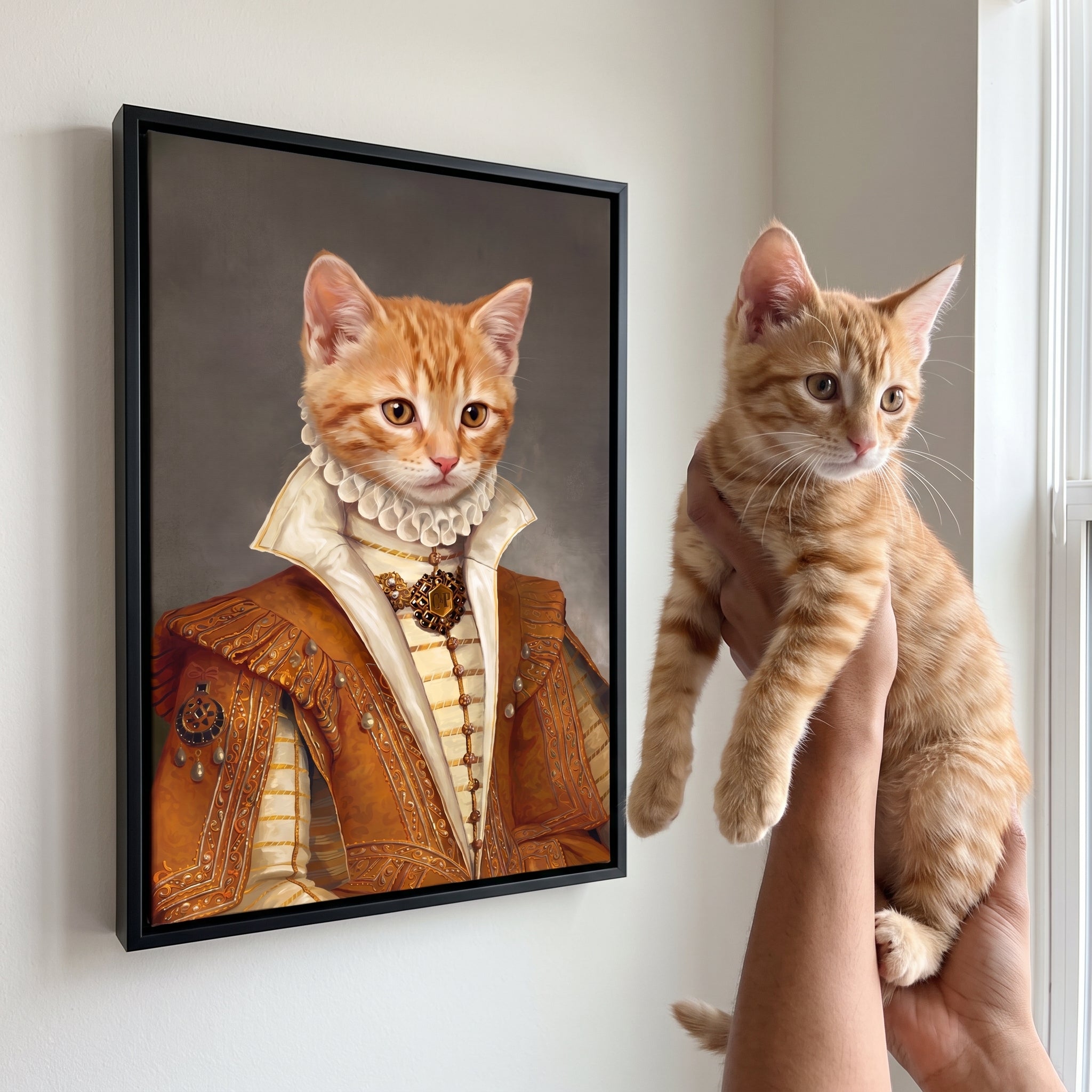 Ginger tabby cat next to its The Golden Princess custom pet canvas