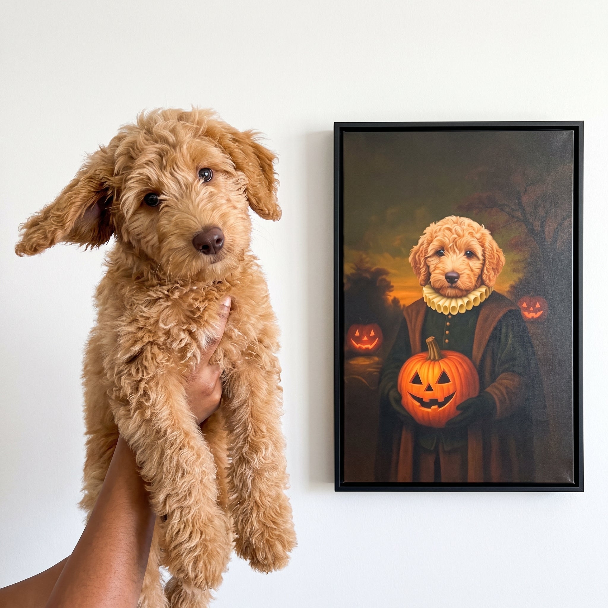Goldendoodle next to its The Howloween Renaissance custom pet canvas