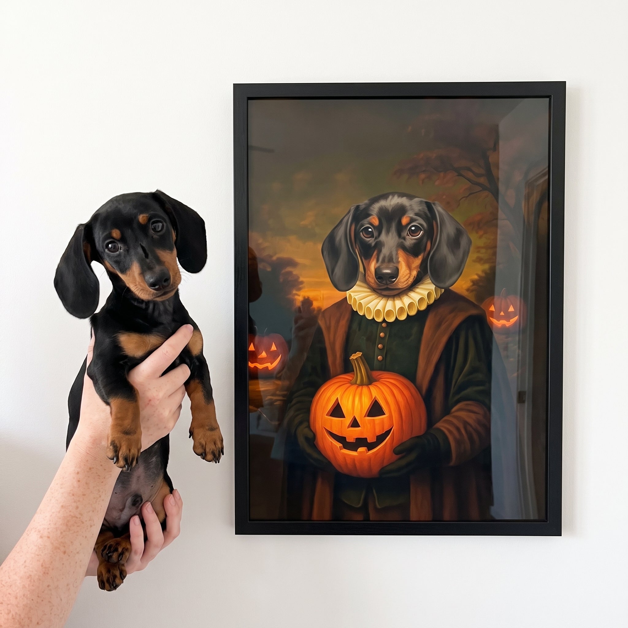 Miniature dachshund next to its The Howloween Renaissance custom pet poster