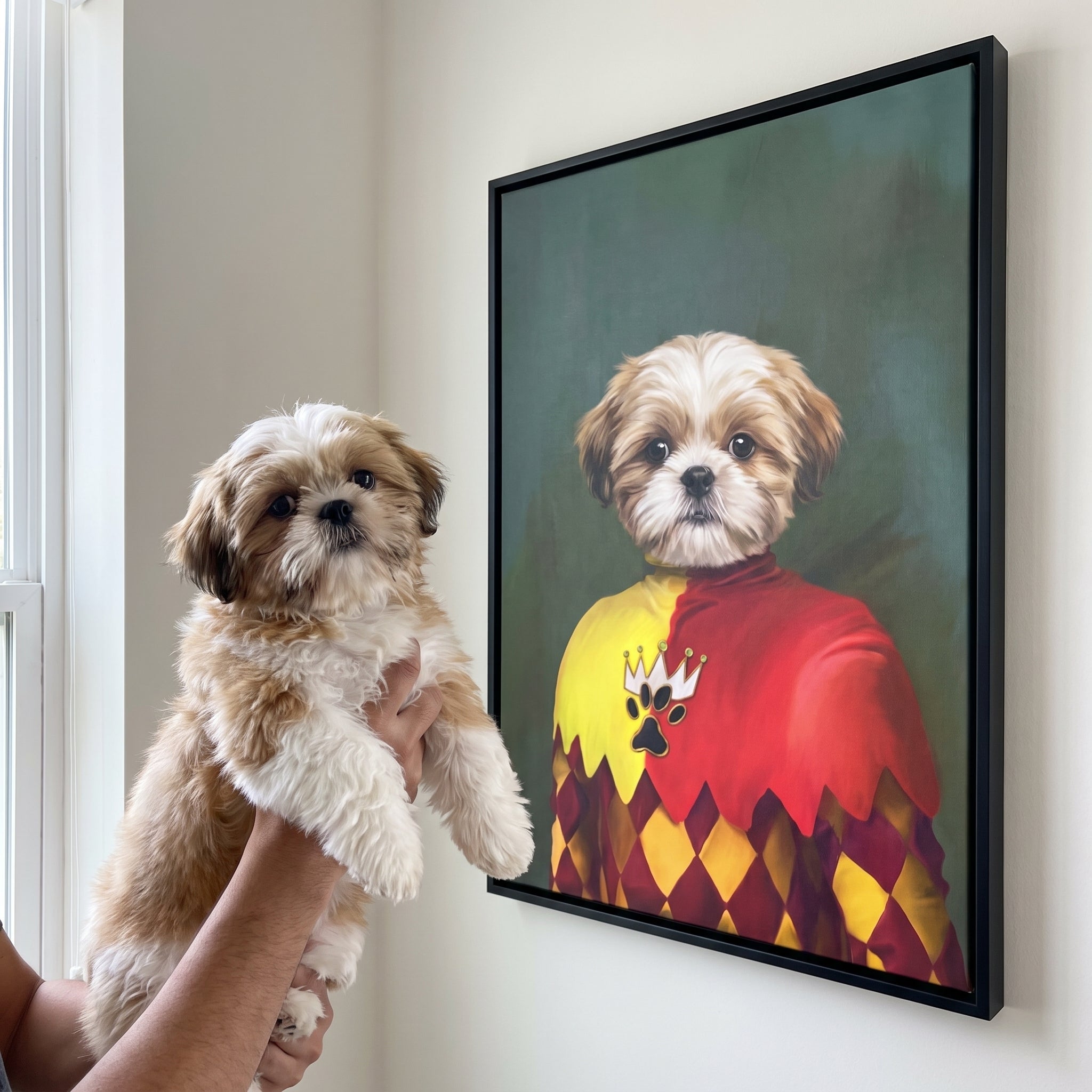 Shih tzu next to its The Jester custom pet canvas
