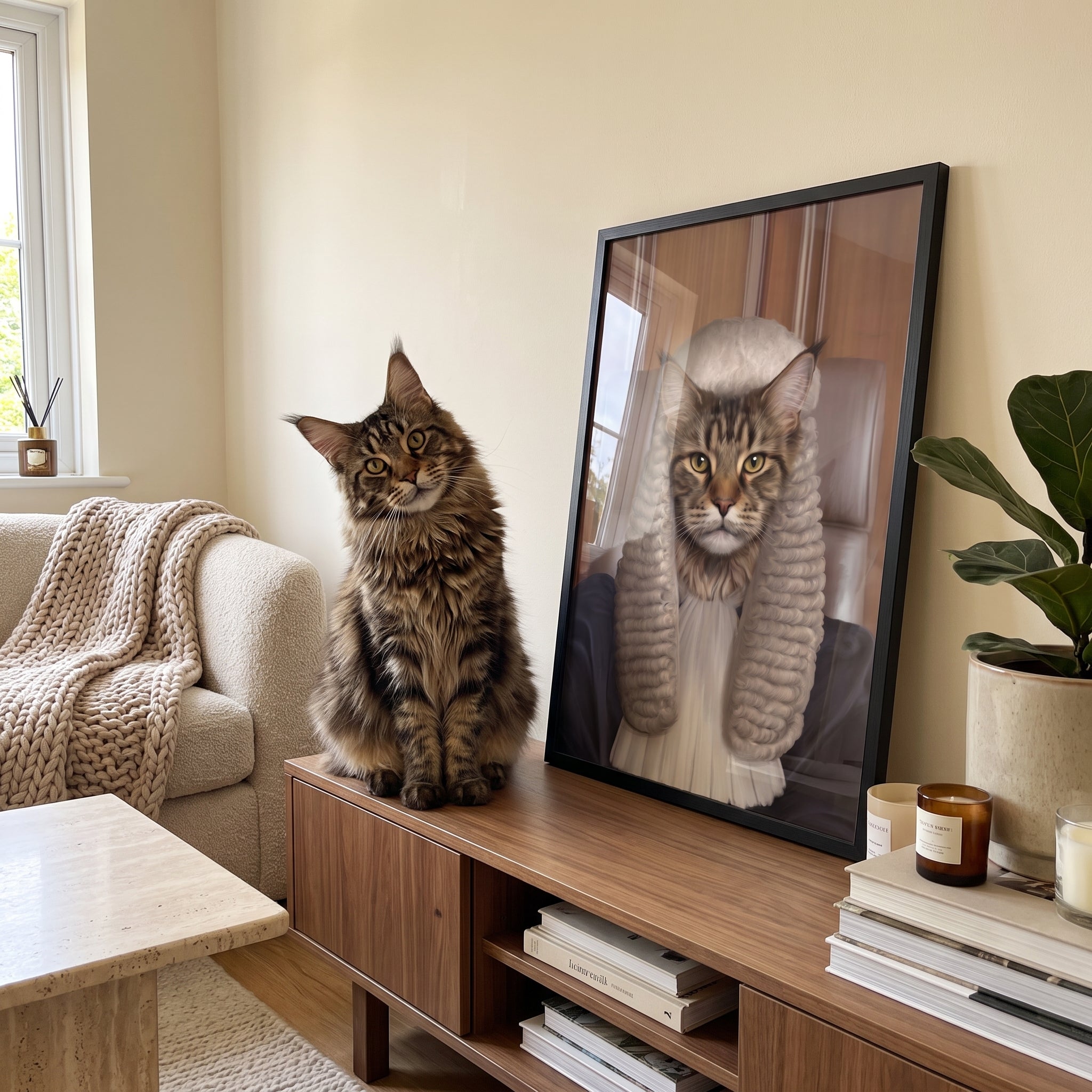 Fluffy maine coon cat next to its The Judge custom pet poster