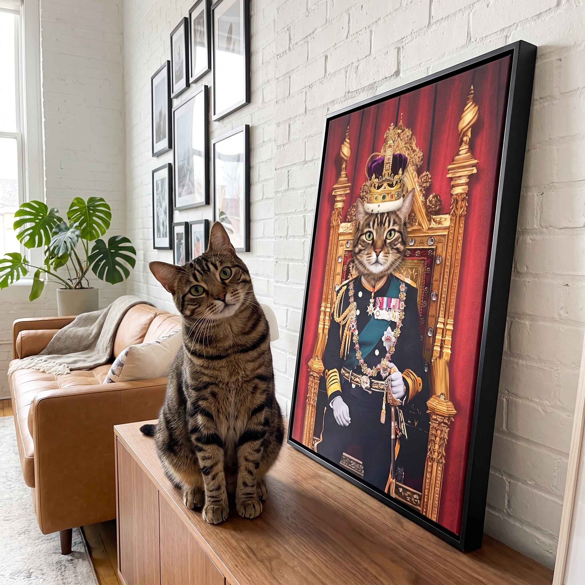Brown tabby cat next to its The King custom pet canvas
