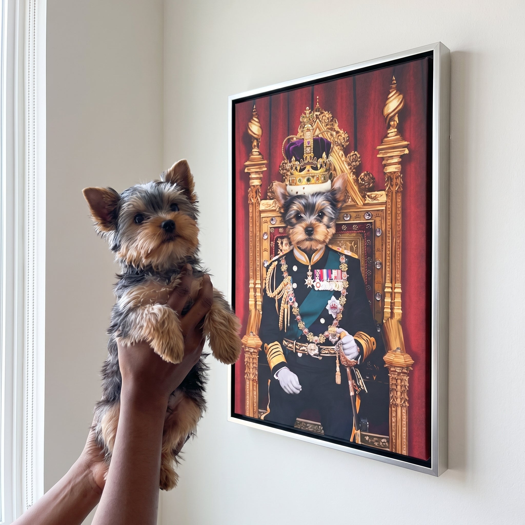 Yorkshire terrier next to its The King custom pet canvas
