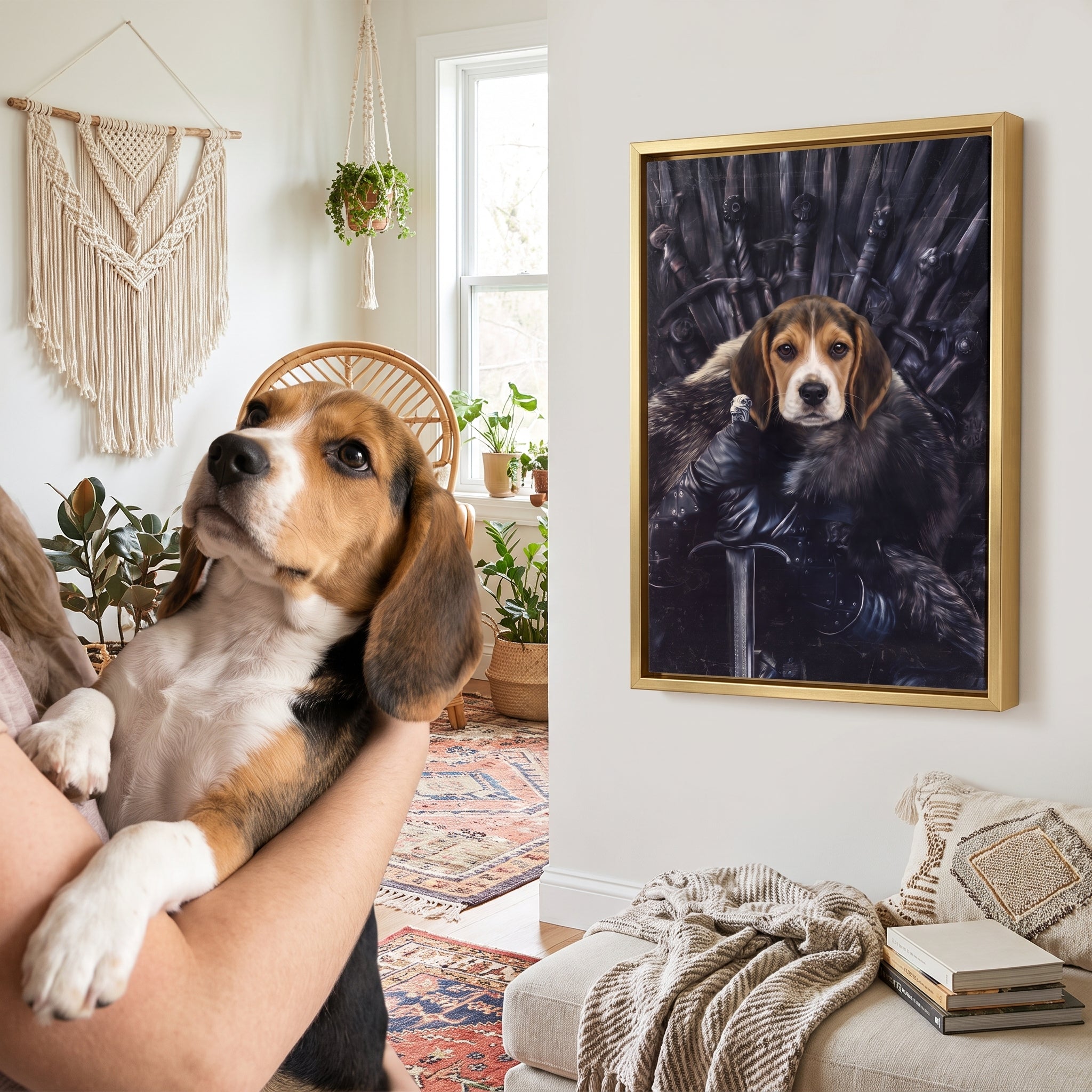 Beagle next to its The King in the North custom pet canvas
