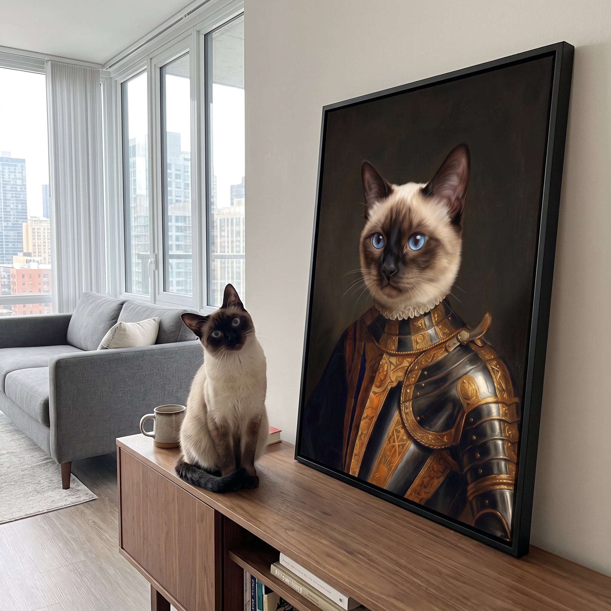 Siamese cat next to its The Knight custom pet canvas