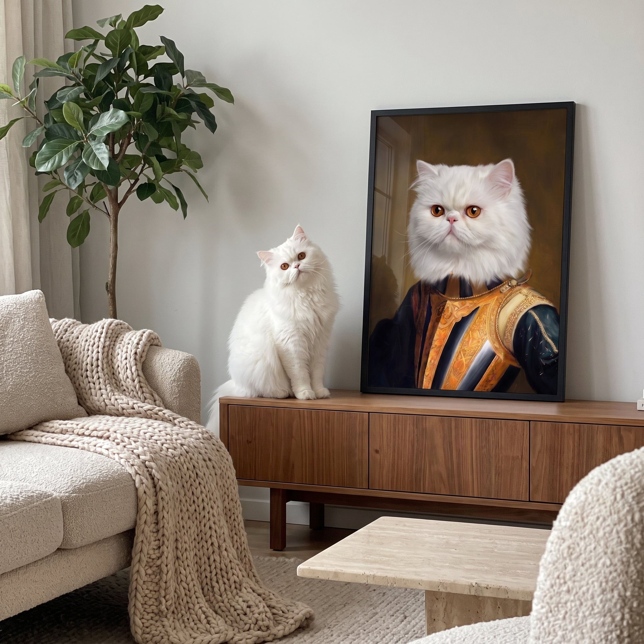 White persian cat next to its The Knight custom pet poster