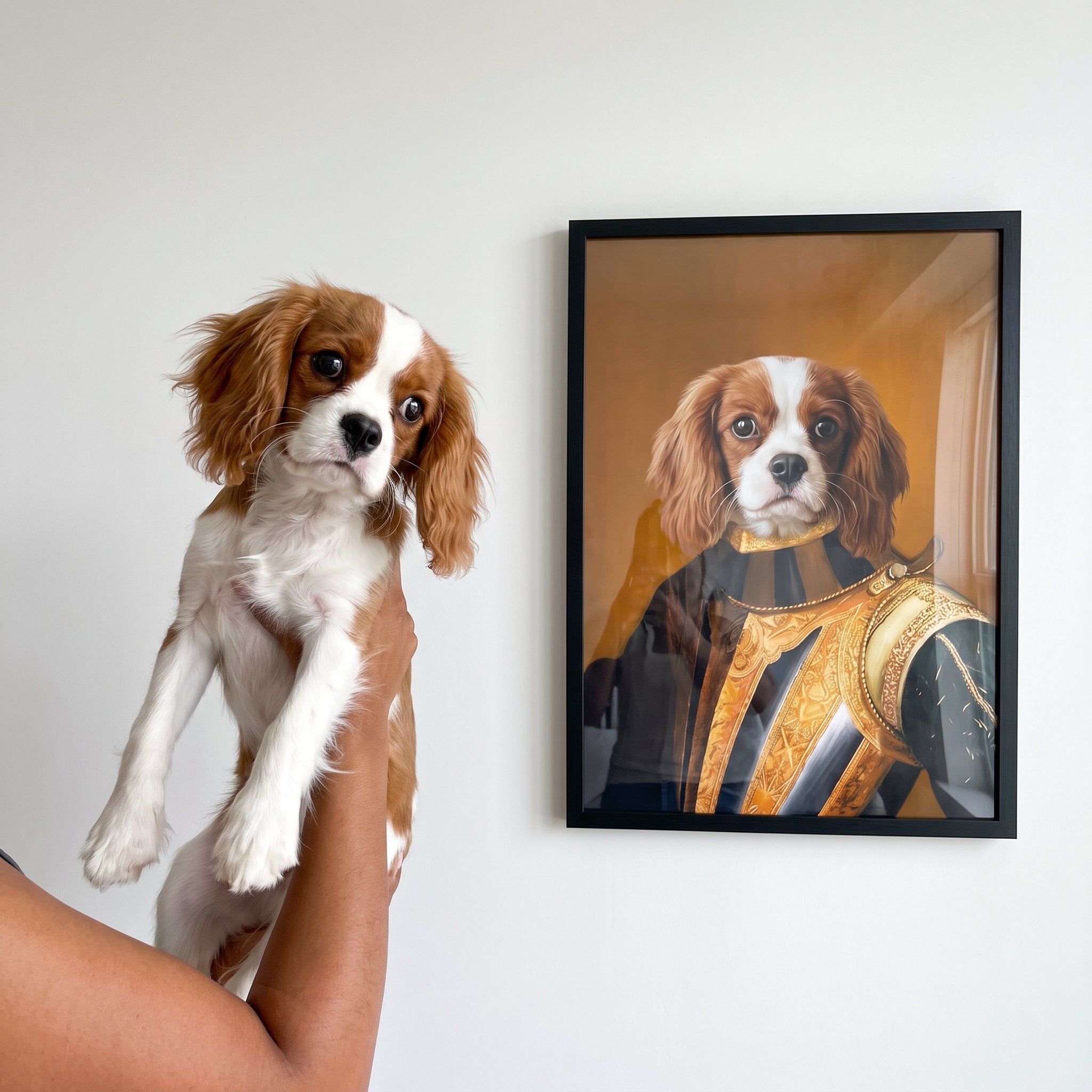 Cavalier king charles spaniel next to its The Knight custom pet poster