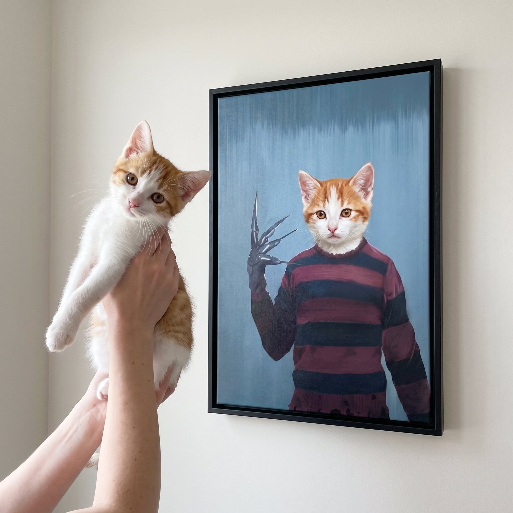 Ginger and white cat next to its The Krueger custom pet canvas