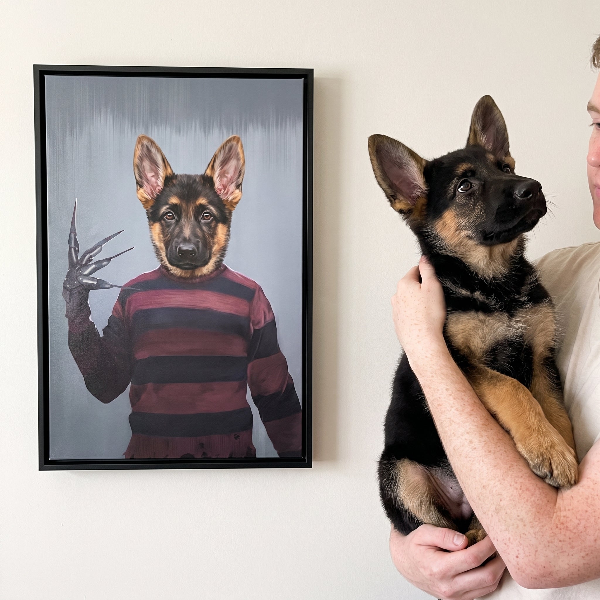 German shepherd next to its The Krueger custom pet canvas