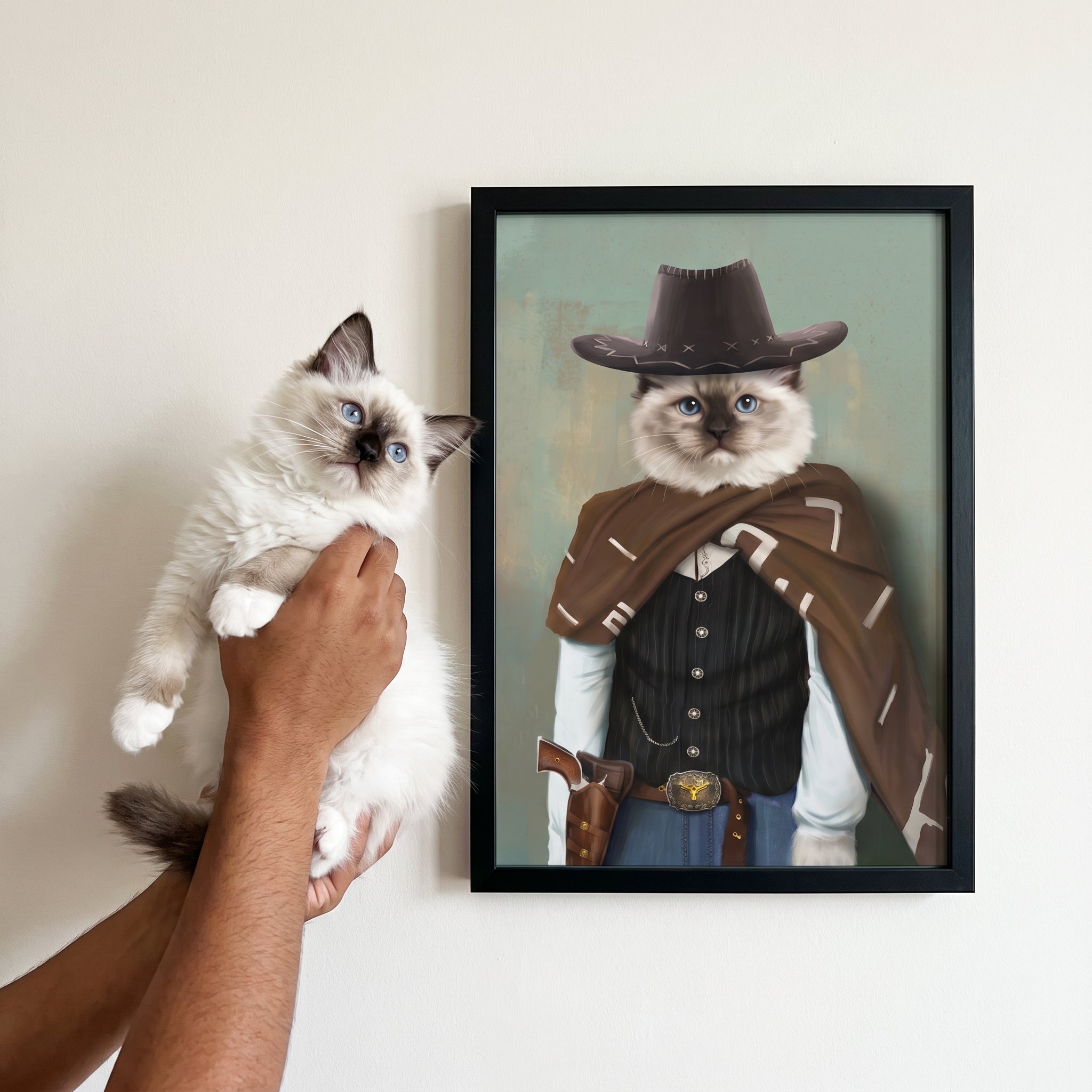 White ragdoll cat next to its The Lone Ranger custom pet poster