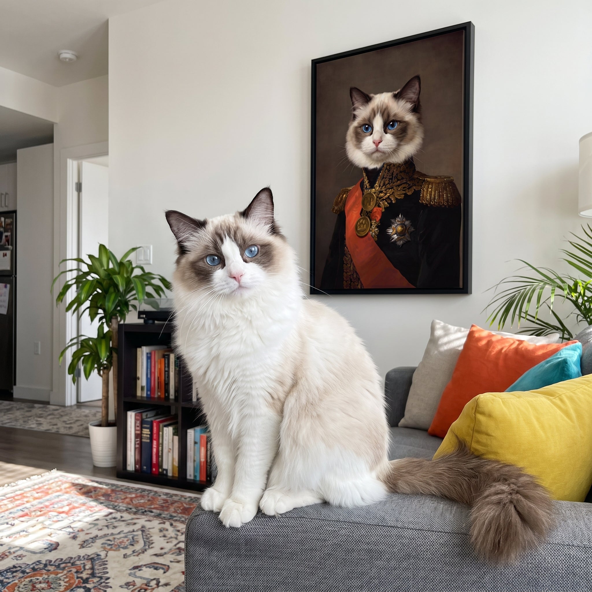White ragdoll cat next to its The Major custom pet canvas