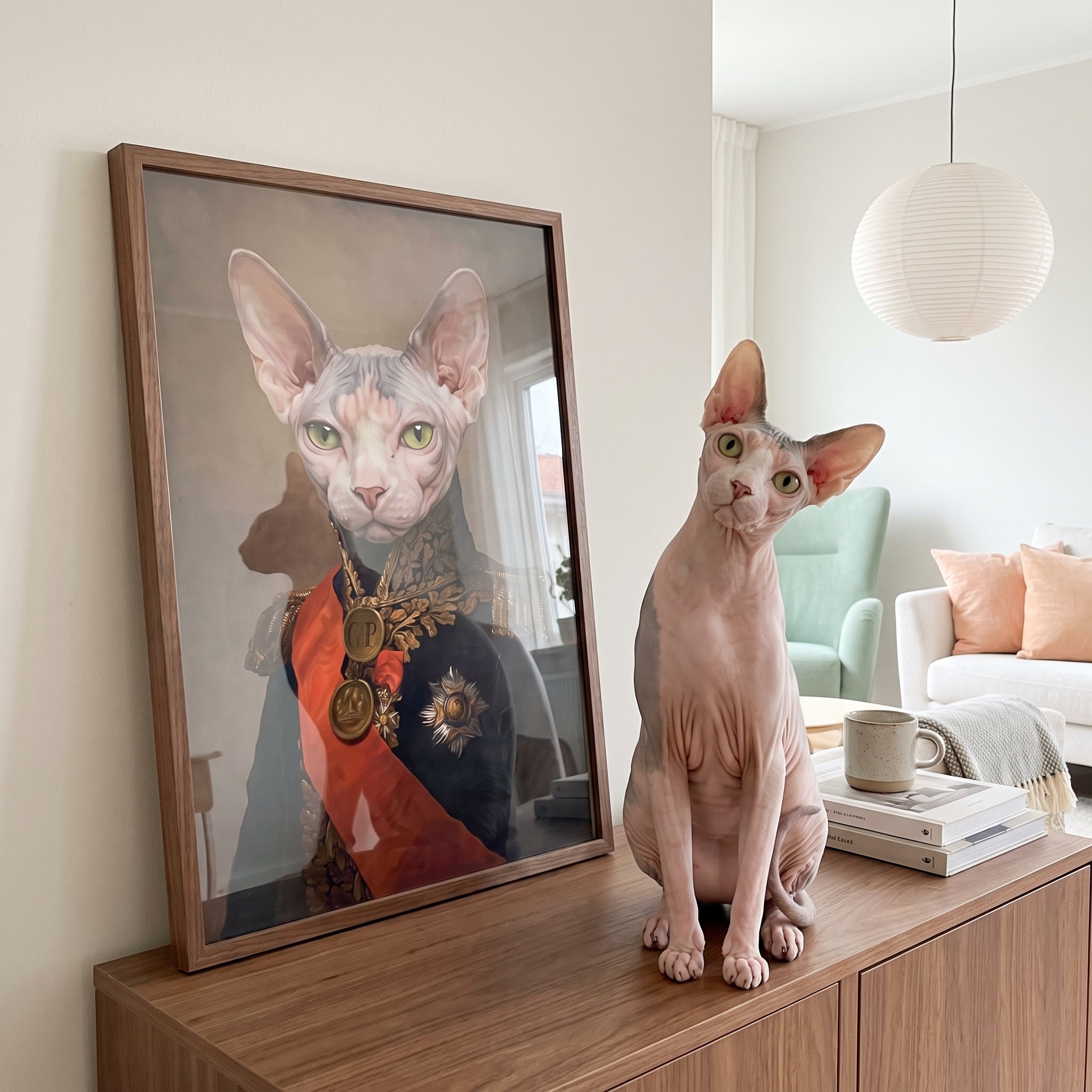 Sphynx cat next to its The Major custom pet poster