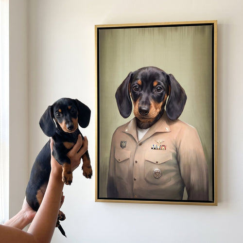 Miniature dachshund next to its The Male Naval Officer custom pet canvas