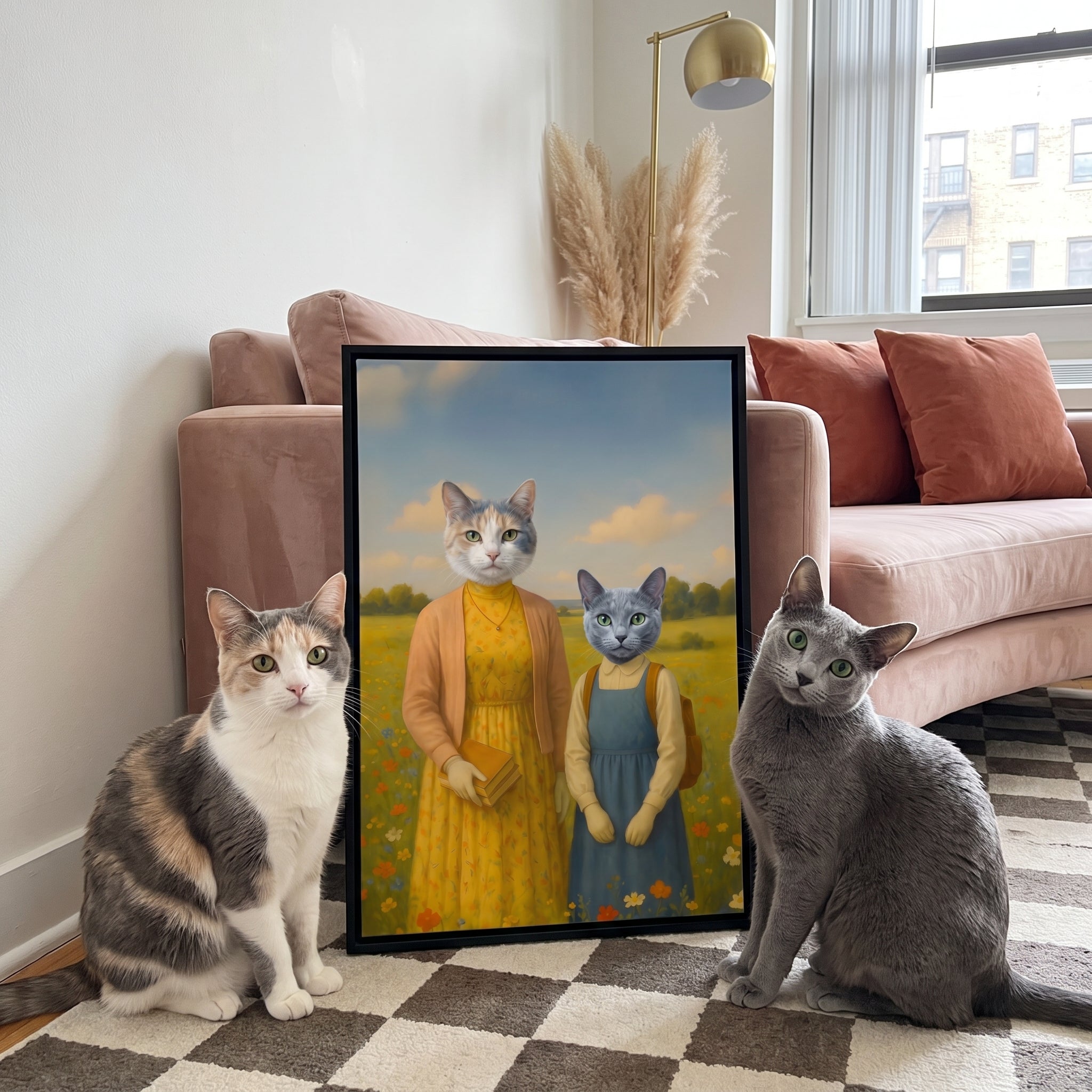 Dilute calico cat and russian blue cat next to its The Miss Honey custom pet canvas