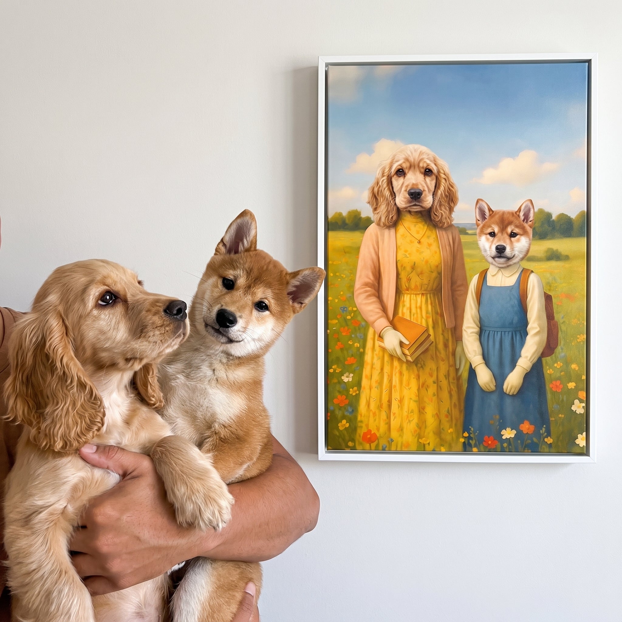 Cocker spaniel and shiba inu next to its The Miss Honey custom pet canvas