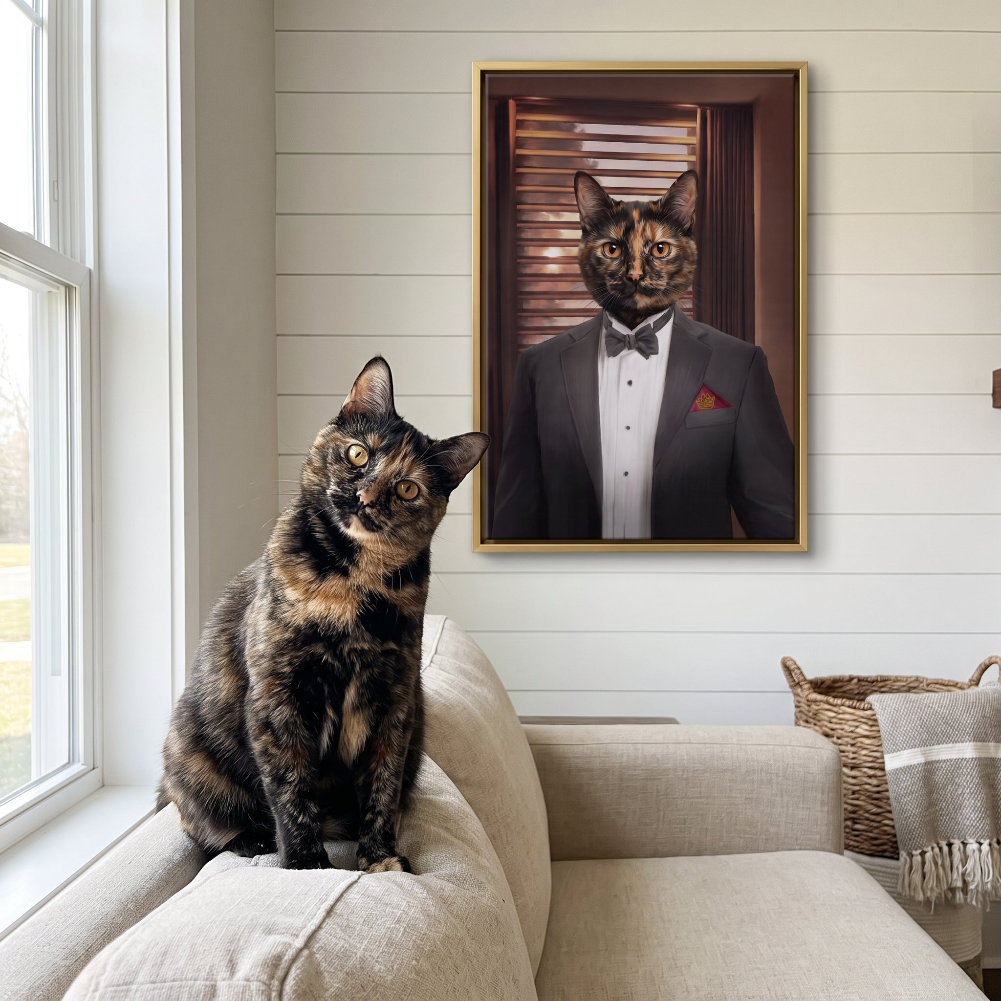 Tortoiseshell cat next to its The Mobster custom pet canvas