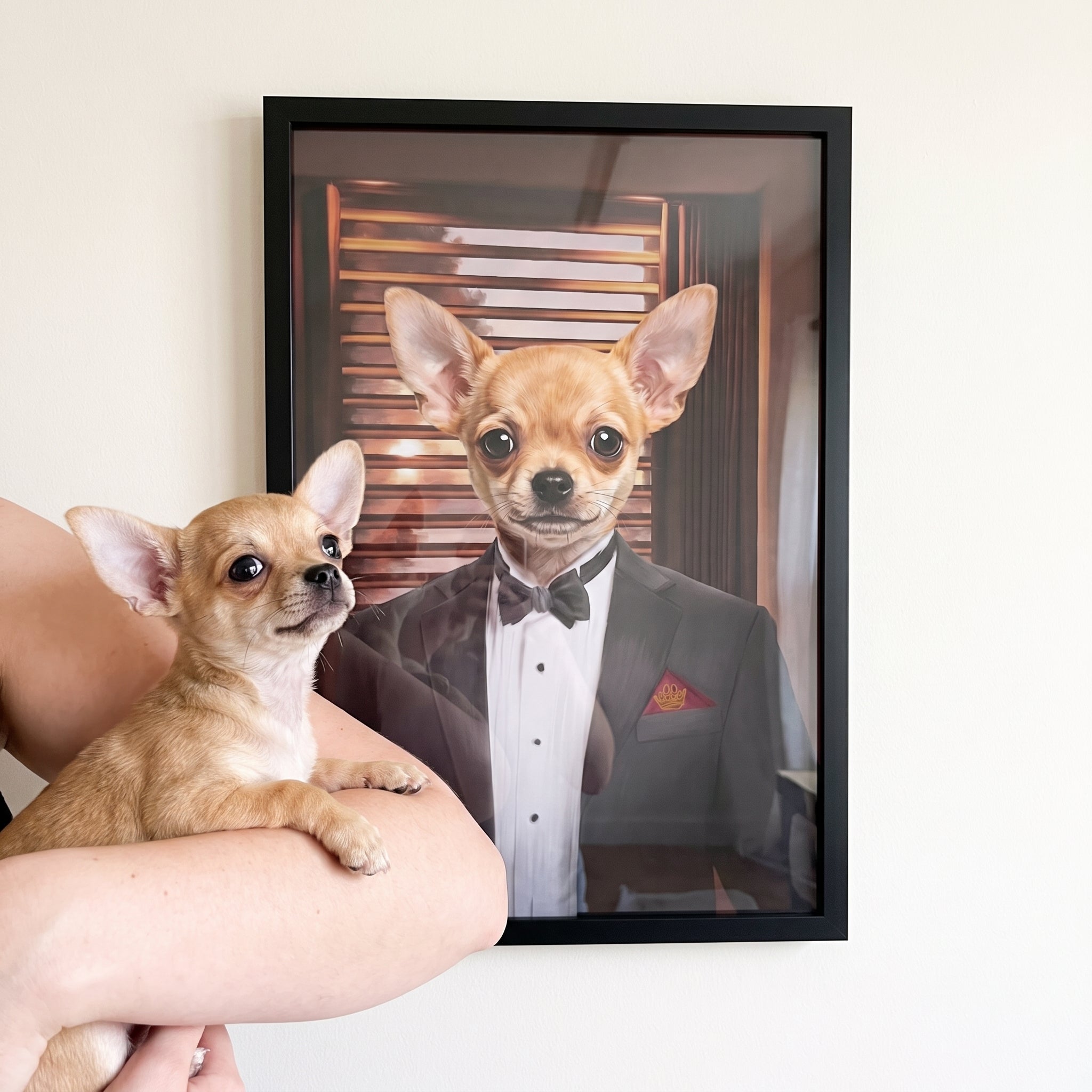 Chihuahua next to its The Mobster custom pet poster