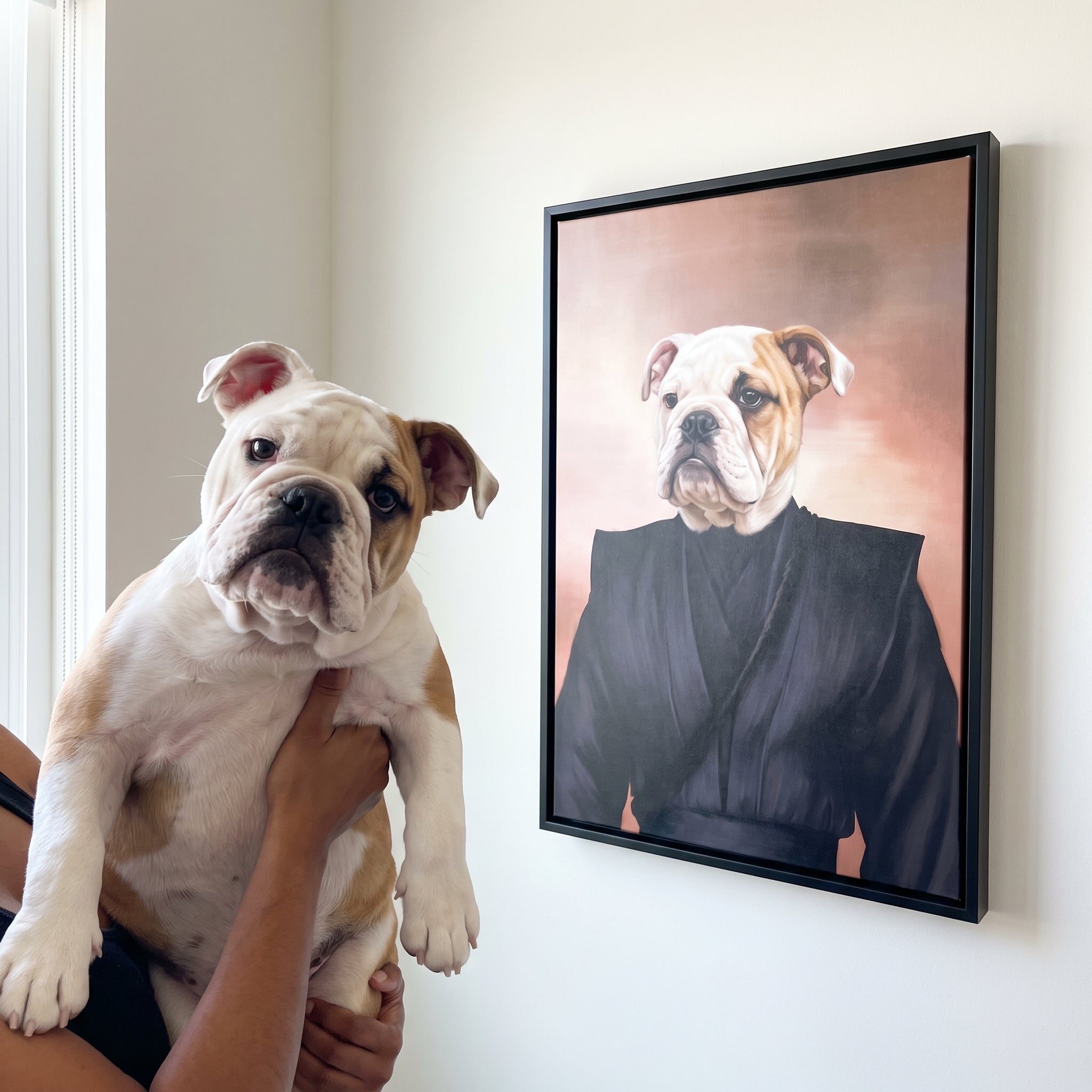 Bulldog next to its The Ninja custom pet canvas