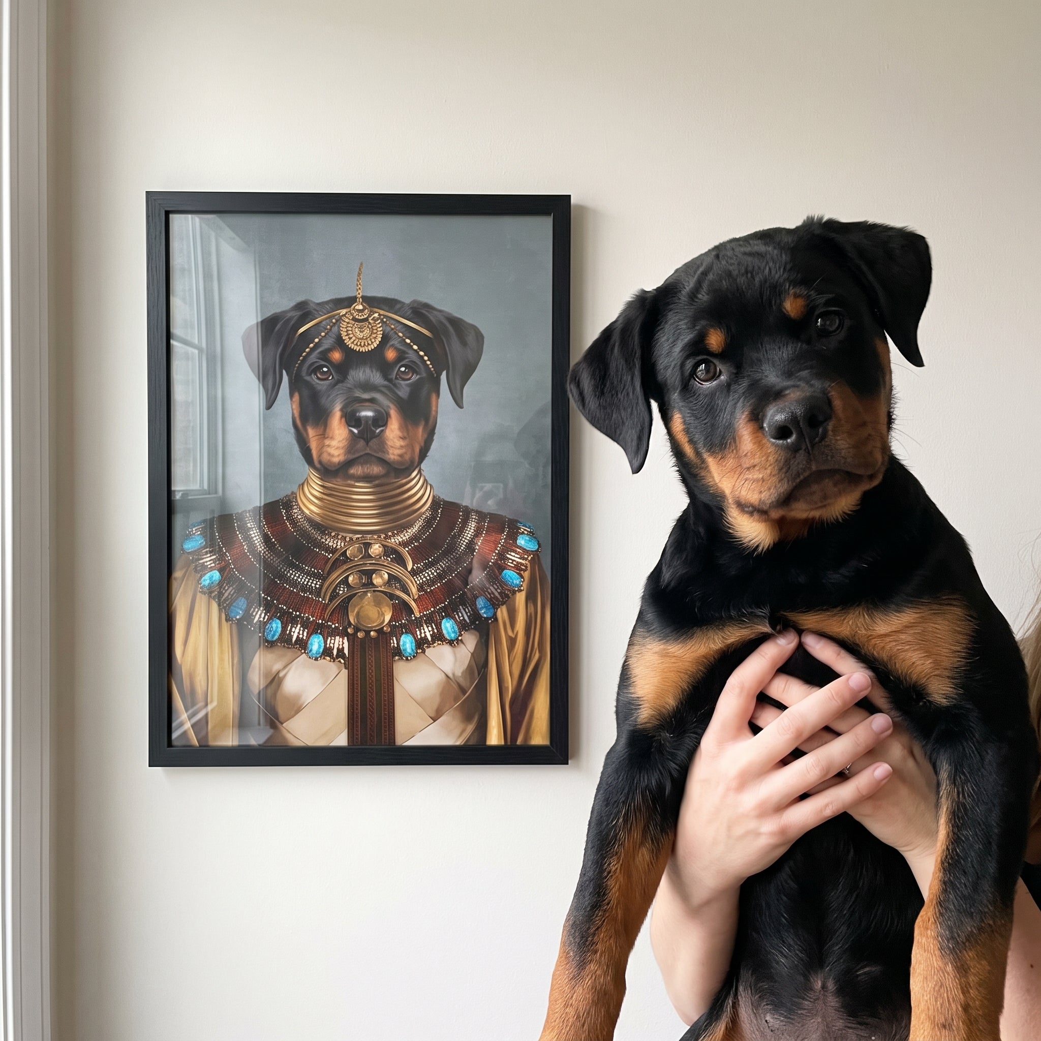 Rottweiler next to its The Nubian Queen custom pet poster