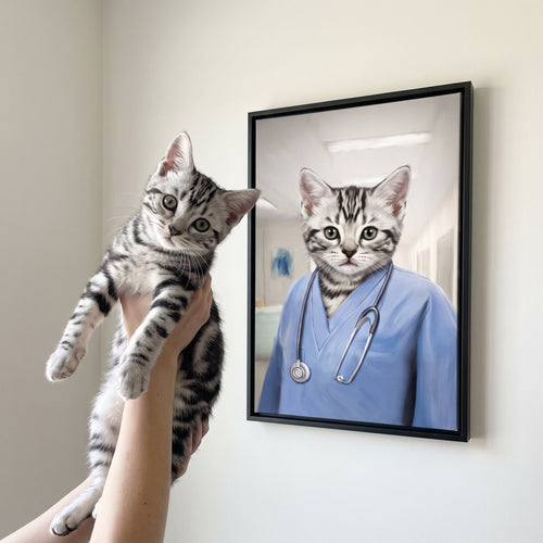 Silver tabby cat next to its The Nurse custom pet canvas