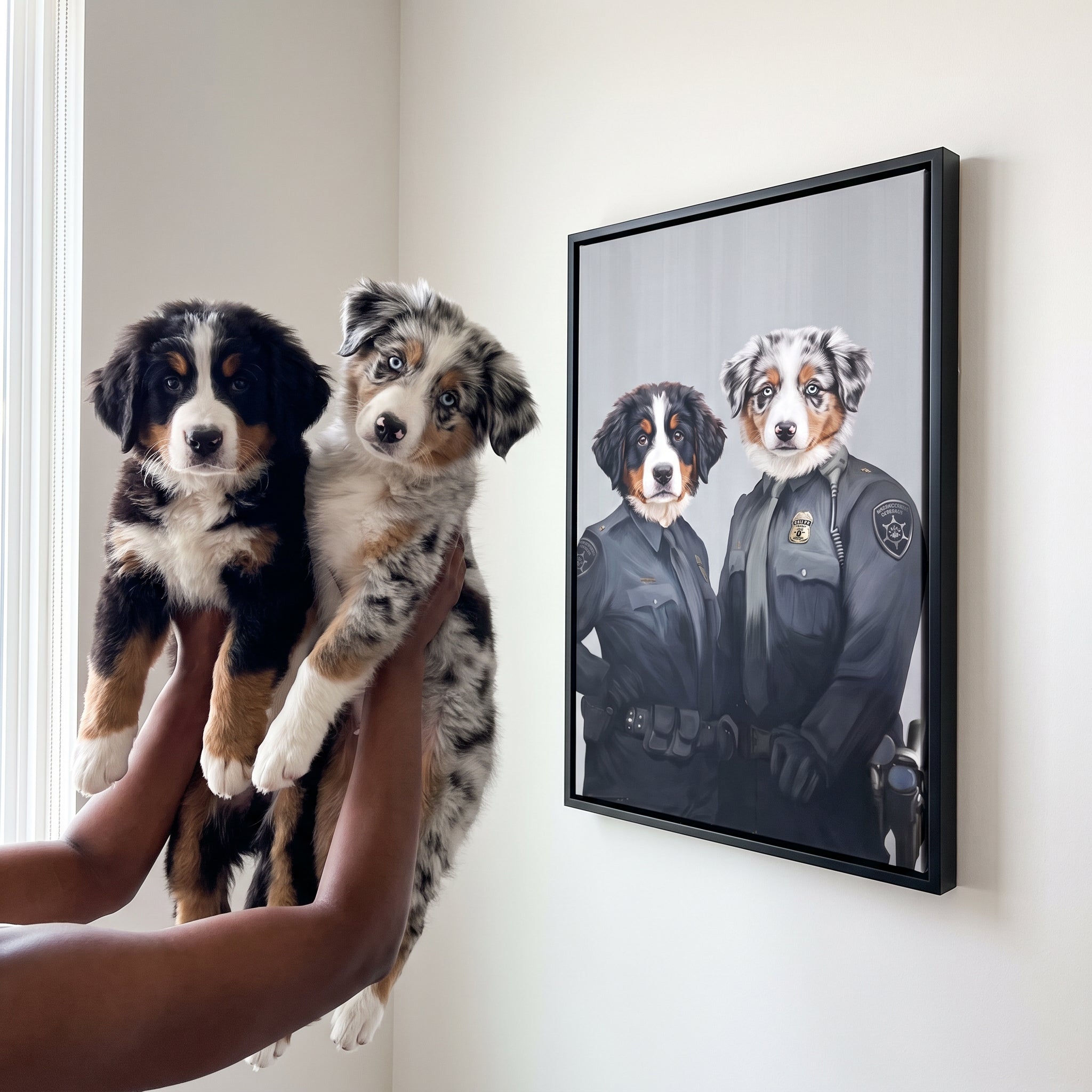 Bernese mountain dog and blue merle austra next to its The Officers custom pet canvas