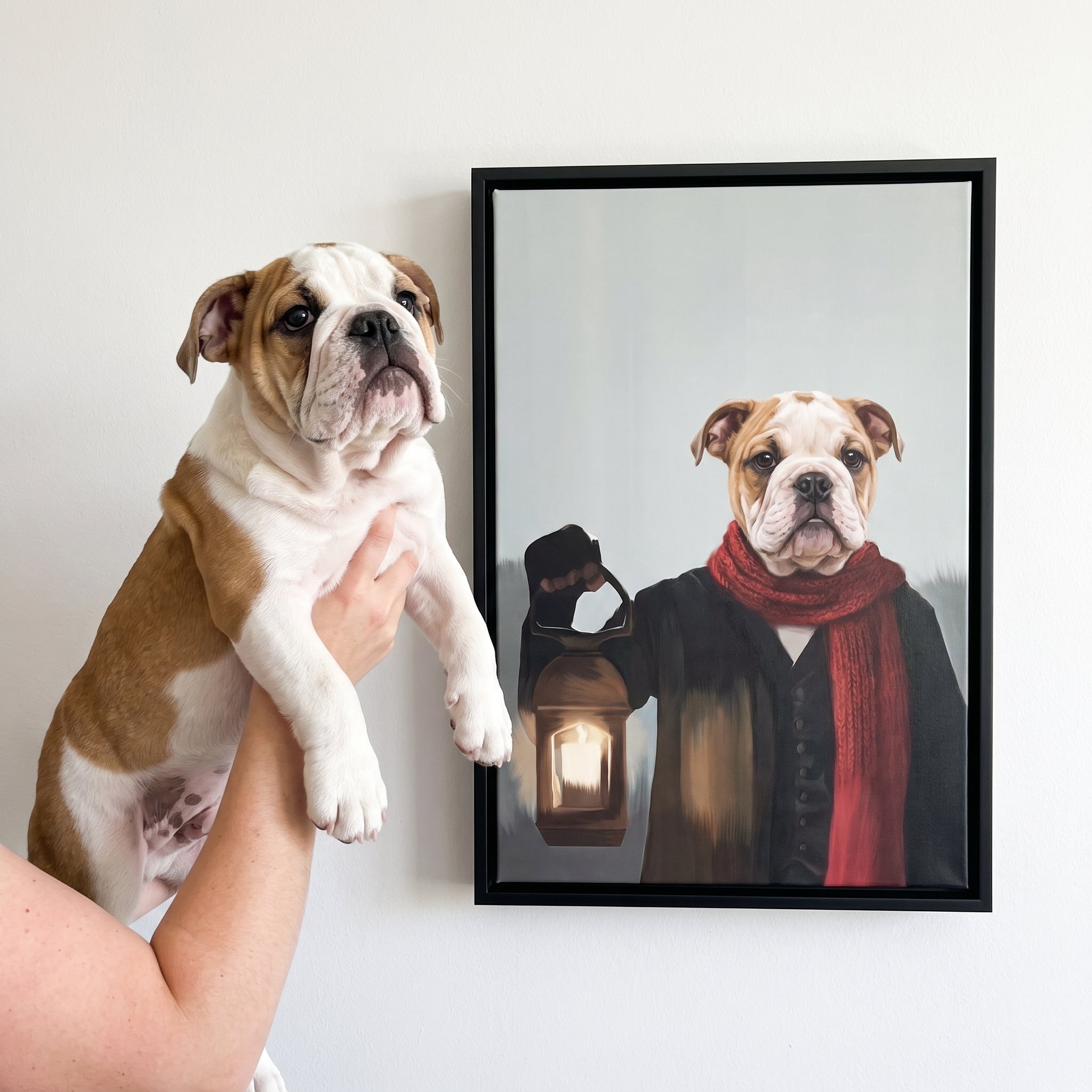 Bulldog next to its The Pauper custom pet canvas