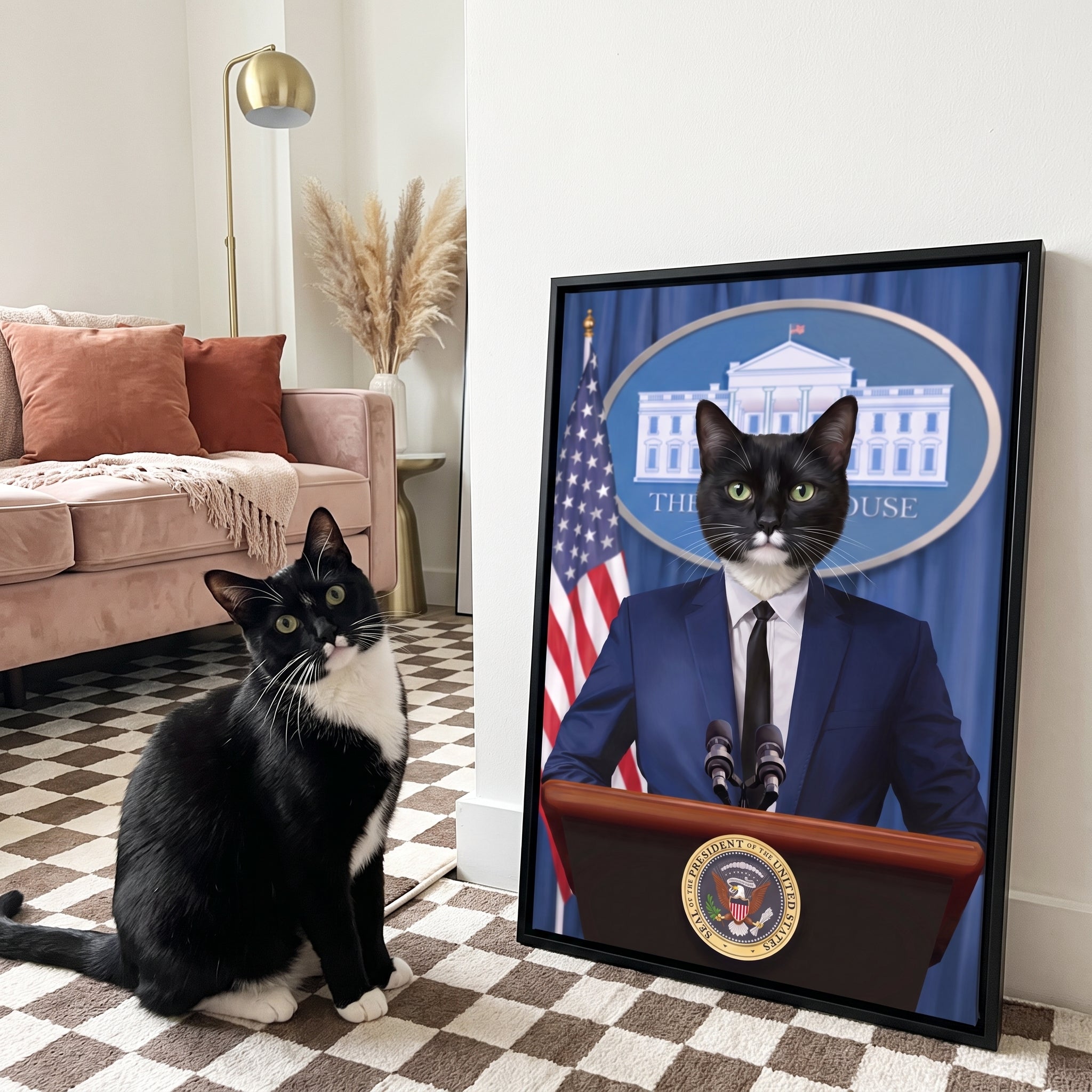 Tuxedo cat next to its The Pawresident custom pet canvas
